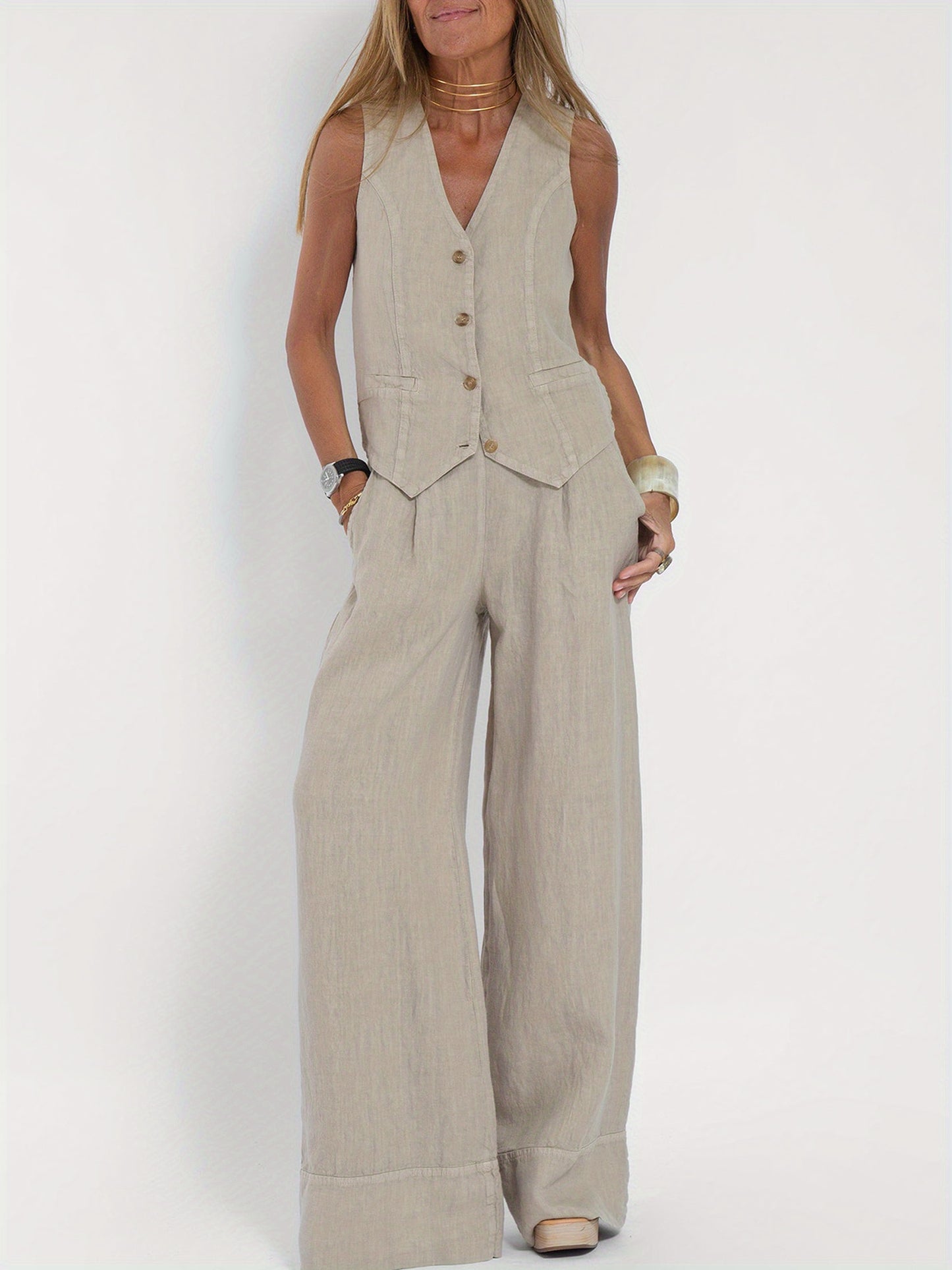 Women 2pcs Outfits Solid Color Button Tank Tops And Wide Leg Pants Set Streetwear Aesthetic Clothes