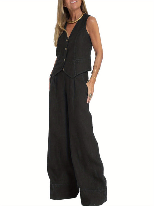 Women 2pcs Outfits Solid Color Button Tank Tops And Wide Leg Pants Set Streetwear Aesthetic Clothes