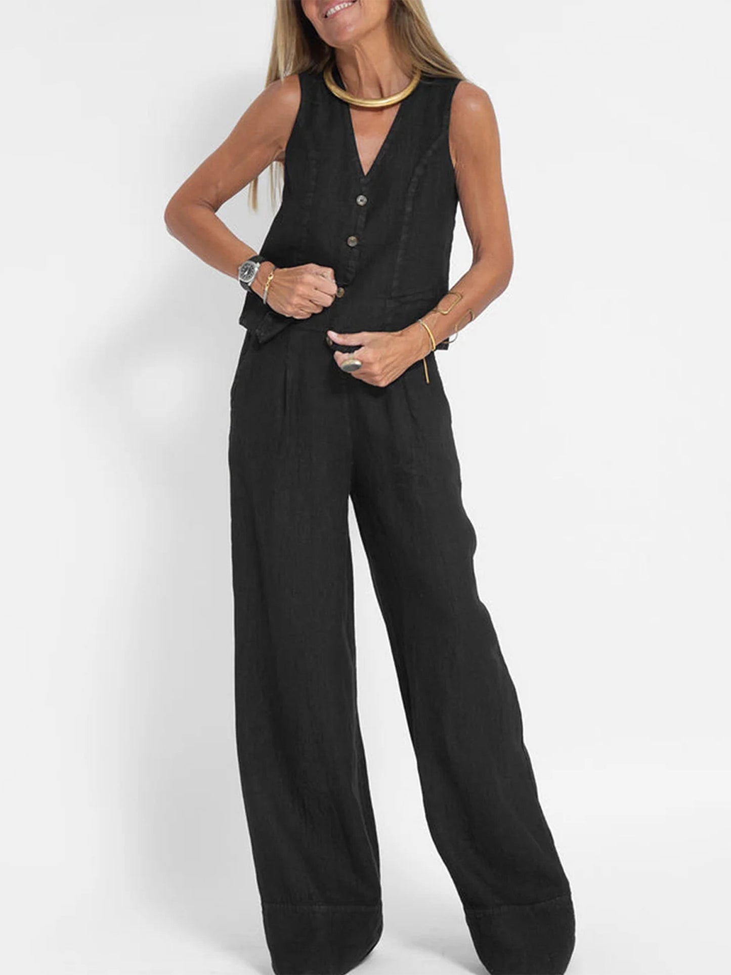 Women 2pcs Outfits Solid Color Button Tank Tops And Wide Leg Pants Set Streetwear Aesthetic Clothes