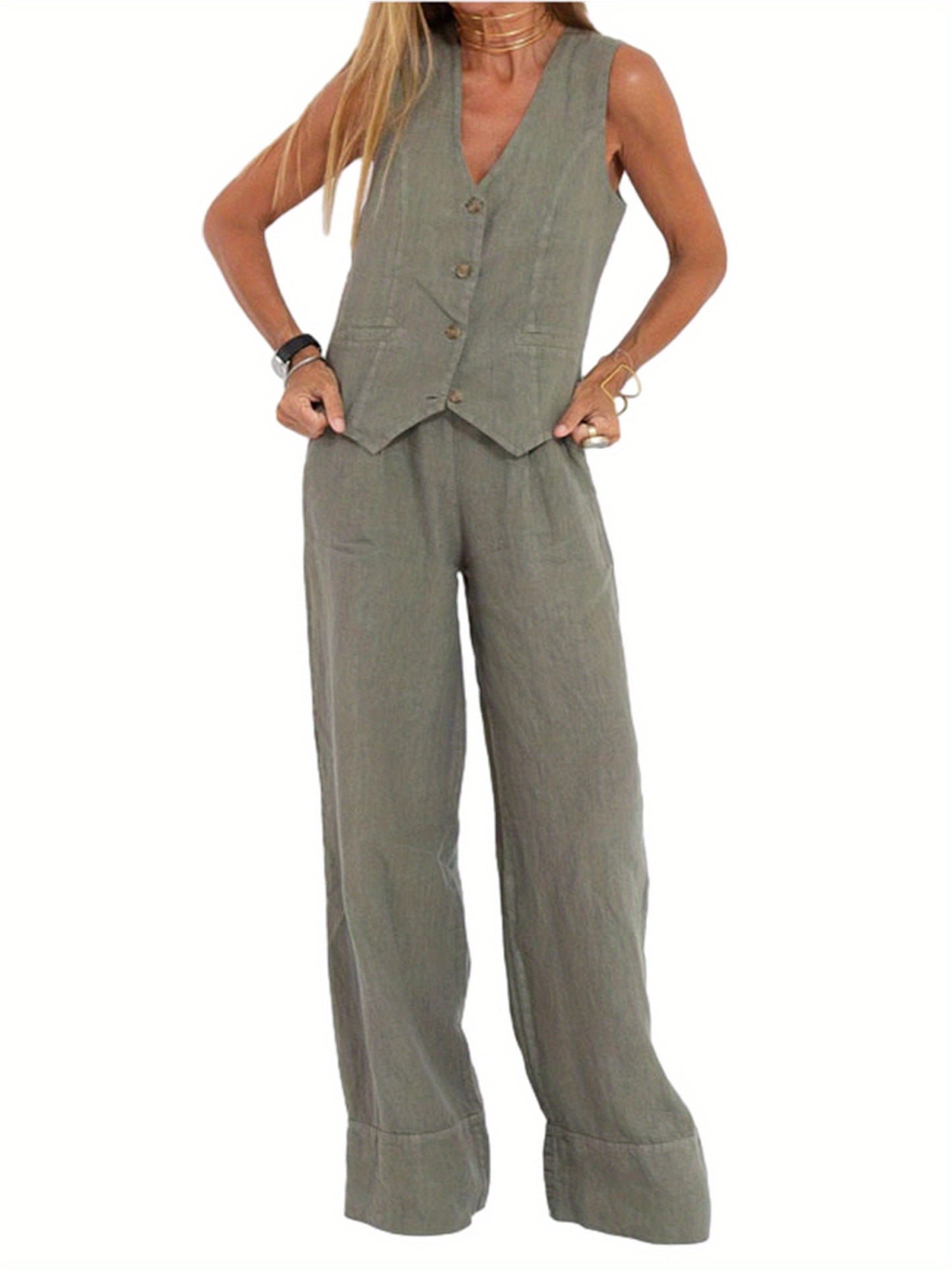 Women 2pcs Outfits Solid Color Button Tank Tops And Wide Leg Pants Set Streetwear Aesthetic Clothes