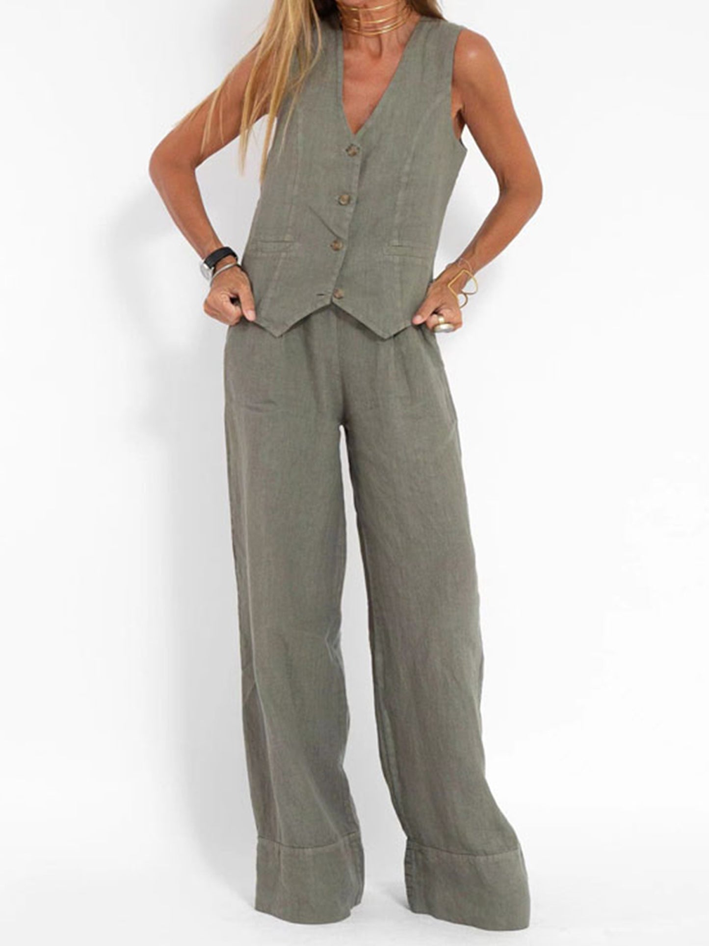 Women 2pcs Outfits Solid Color Button Tank Tops And Wide Leg Pants Set Streetwear Aesthetic Clothes