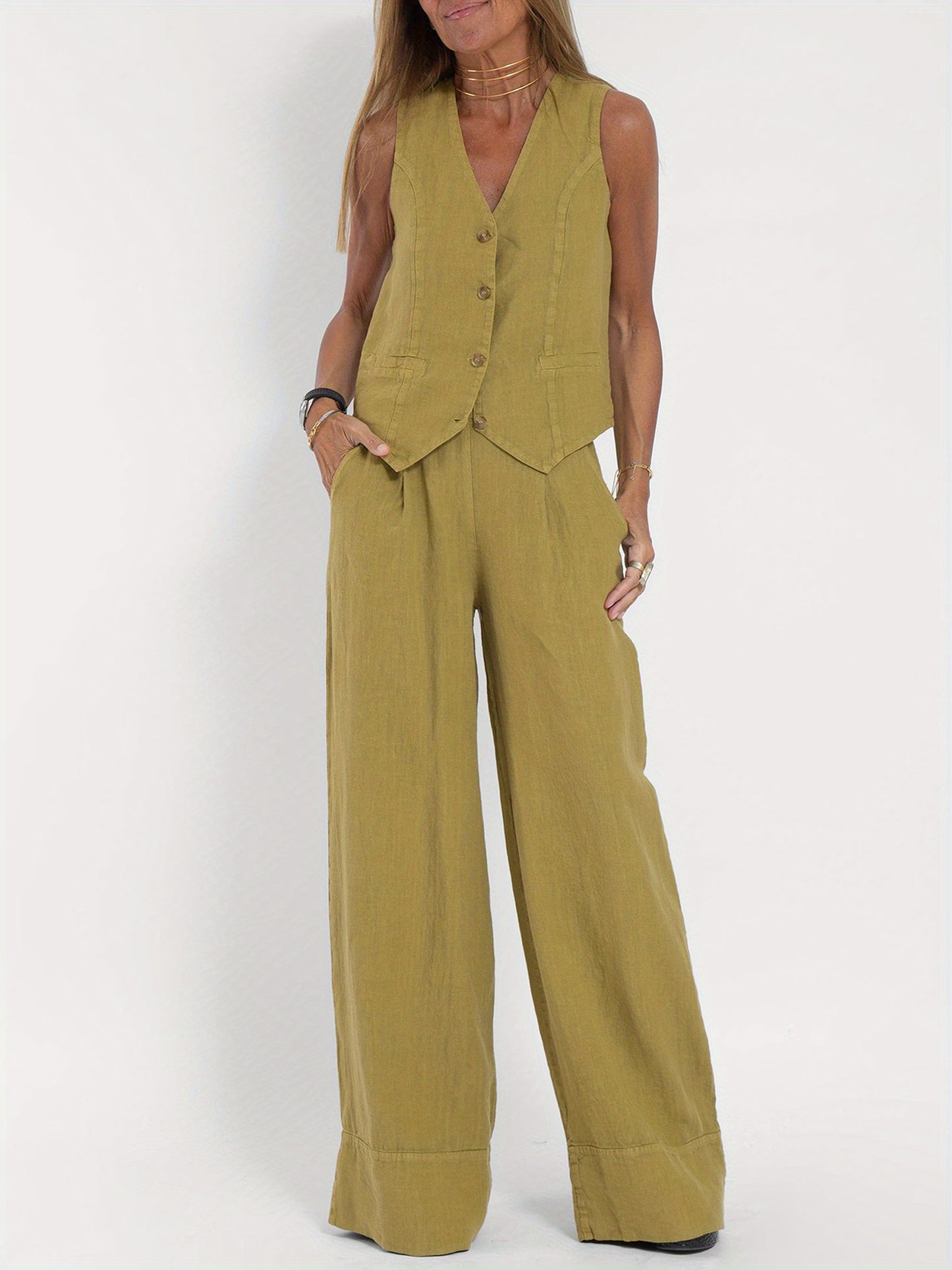 Women 2pcs Outfits Solid Color Button Tank Tops And Wide Leg Pants Set Streetwear Aesthetic Clothes