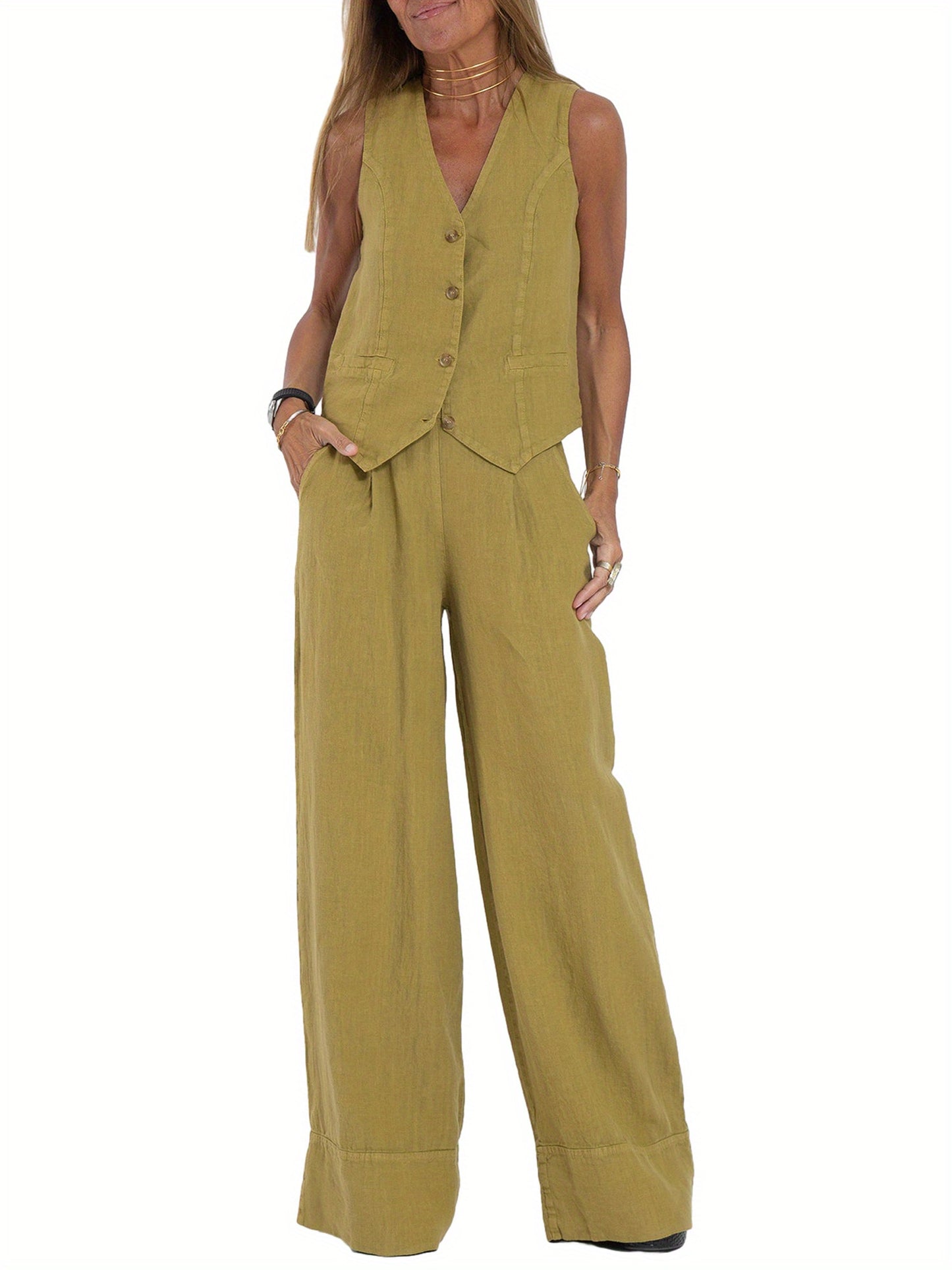 Women 2pcs Outfits Solid Color Button Tank Tops And Wide Leg Pants Set Streetwear Aesthetic Clothes