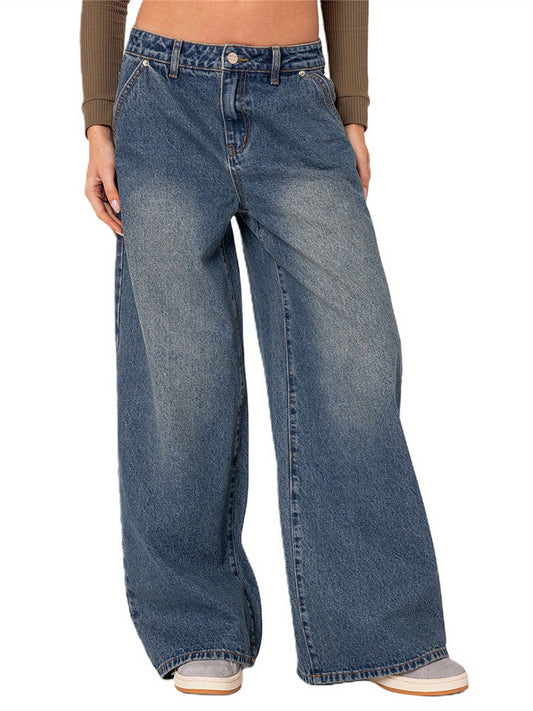 Women'S Spring Summer Denim Pants Retro Casual Wide Leg Trousers with Multi Pockets