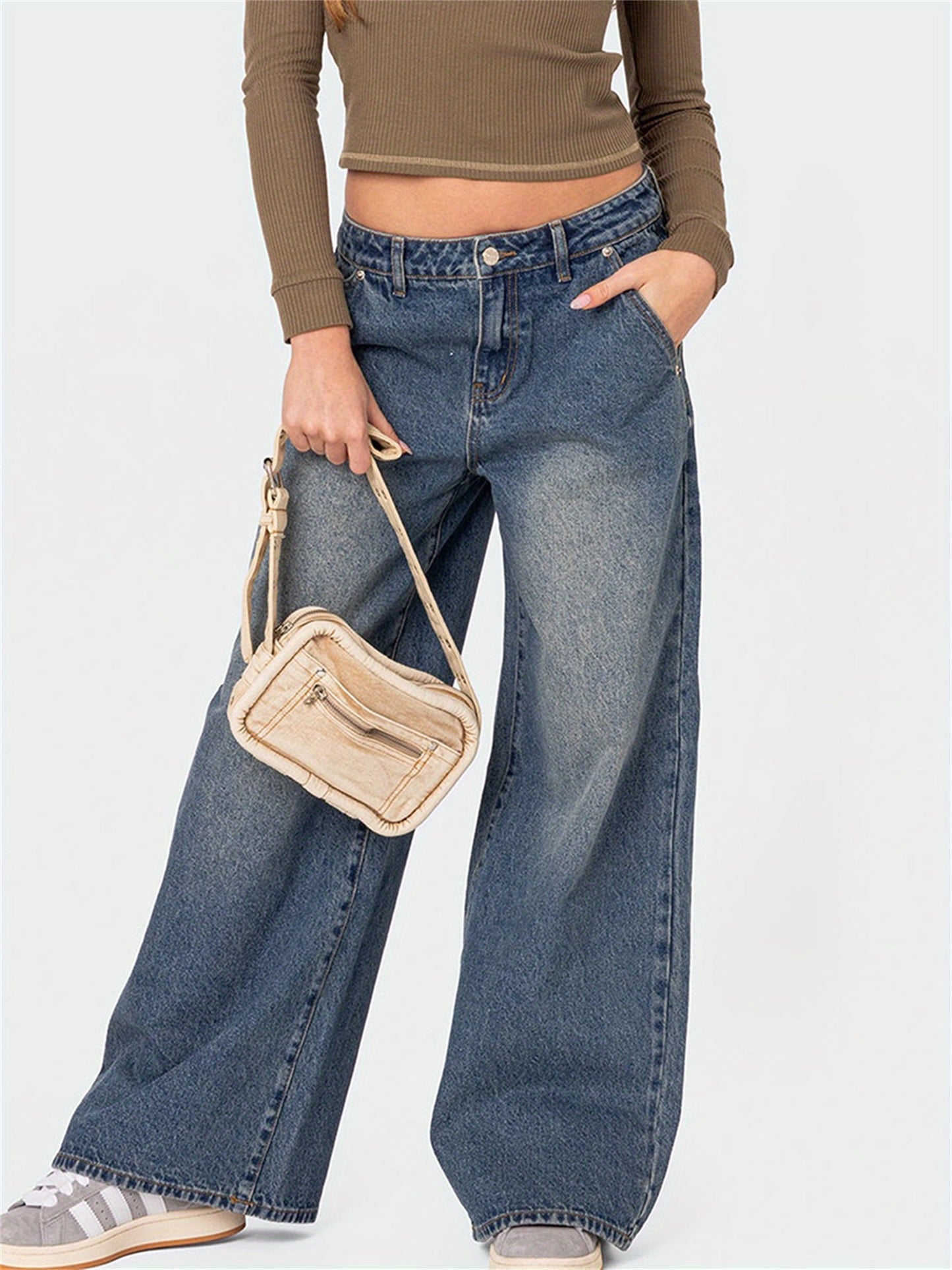 Women'S Spring Summer Denim Pants Retro Casual Wide Leg Trousers with Multi Pockets