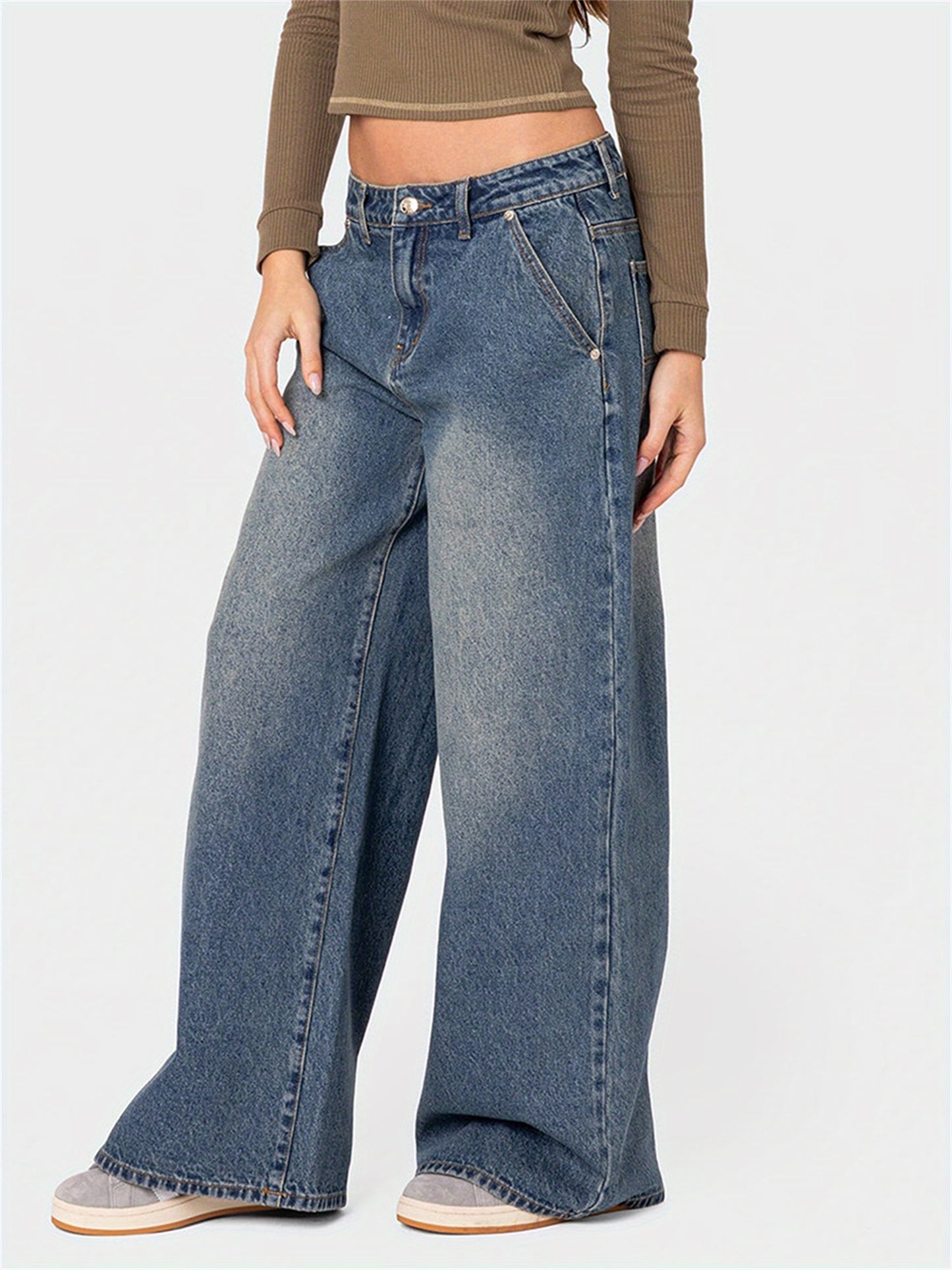 Women'S Spring Summer Denim Pants Retro Casual Wide Leg Trousers with Multi Pockets