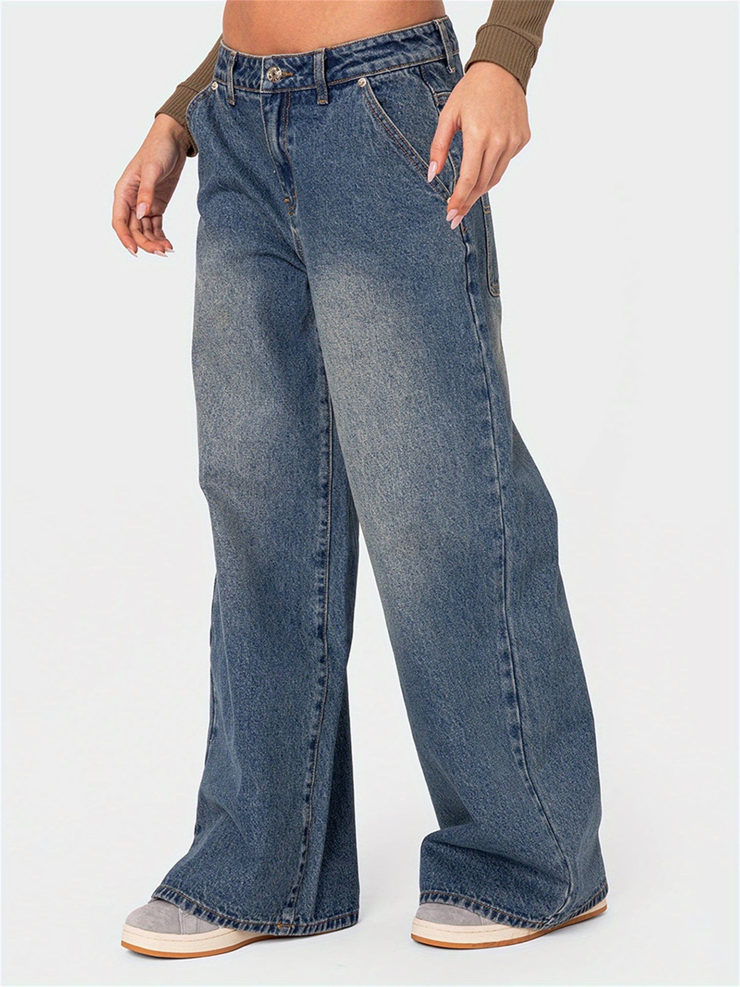 Women'S Spring Summer Denim Pants Retro Casual Wide Leg Trousers with Multi Pockets