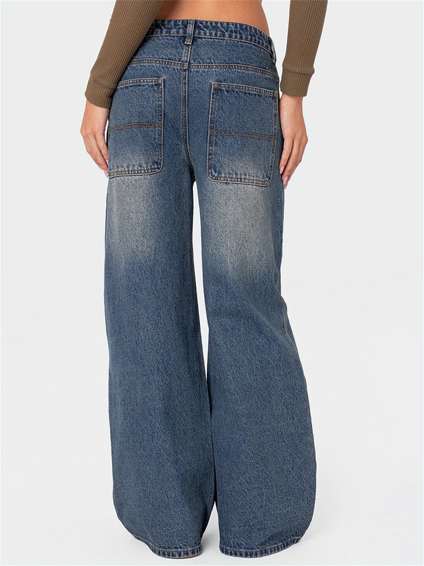 Women'S Spring Summer Denim Pants Retro Casual Wide Leg Trousers with Multi Pockets