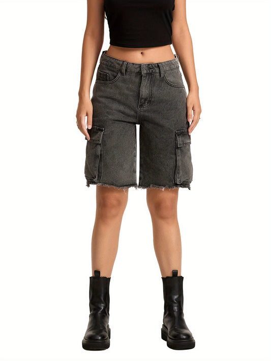 1pc Women'S Casual Cotton Blend Faux Denim Shorts, Solid Color, Multiple Pockets, Straight Leg, Knee-Length, Raw Edge, Pull-On Jean Shorts for Spring\u002FSummer\u002FFall