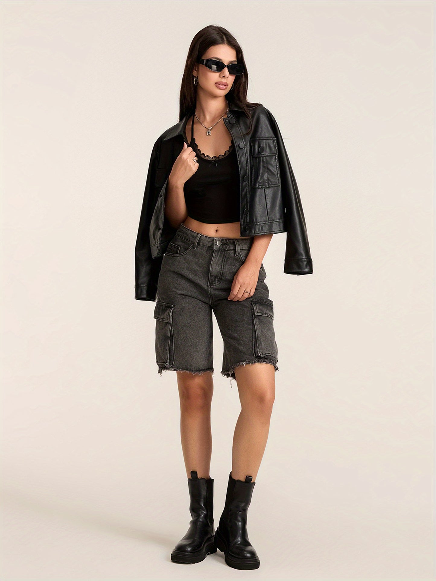 1pc Women'S Casual Cotton Blend Faux Denim Shorts, Solid Color, Multiple Pockets, Straight Leg, Knee-Length, Raw Edge, Pull-On Jean Shorts for Spring\u002FSummer\u002FFall