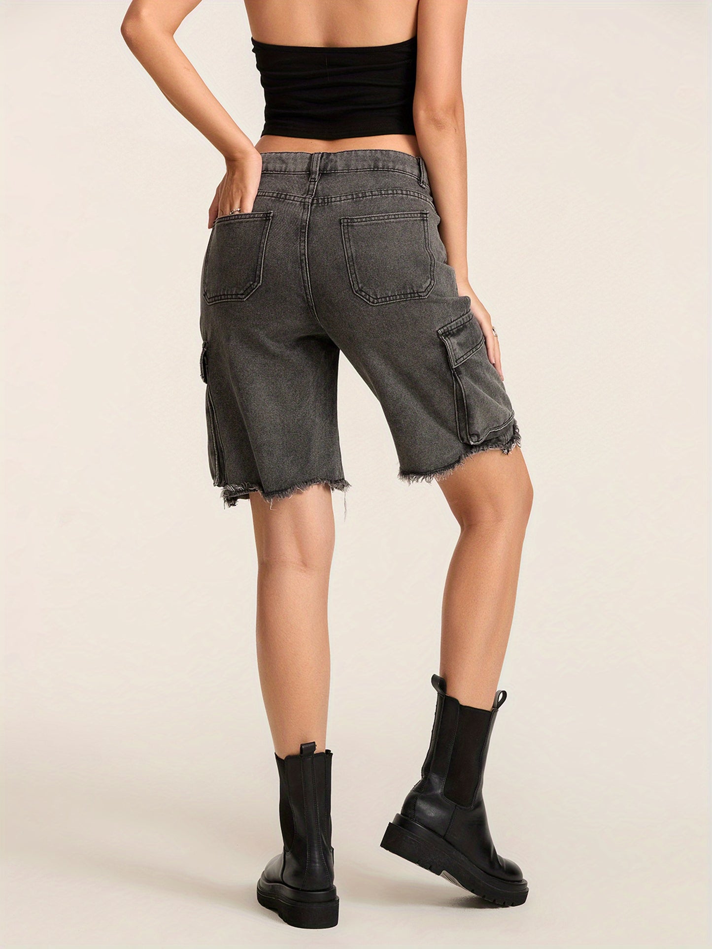 1pc Women'S Casual Cotton Blend Faux Denim Shorts, Solid Color, Multiple Pockets, Straight Leg, Knee-Length, Raw Edge, Pull-On Jean Shorts for Spring\u002FSummer\u002FFall