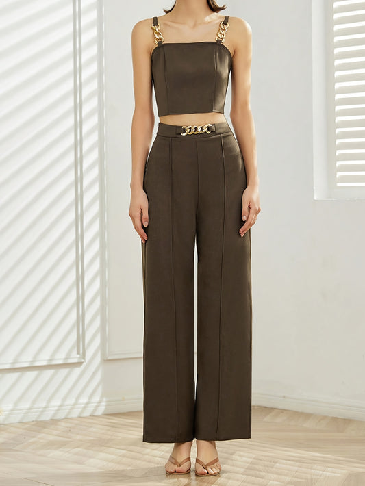 European and American Chic Women'S Beige Casual Chic Two-Piece Set with Chain Detail Camisole and Wide-Leg Pants