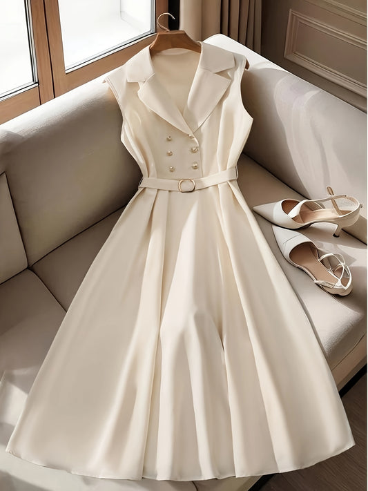 Elegant Sleeveless Midi Dress for Women - Spring\u002FSummer Collection, Button- Front, High-Low Hem, Solid Color, Polyester, Casual Chic Style, Machine Washabl