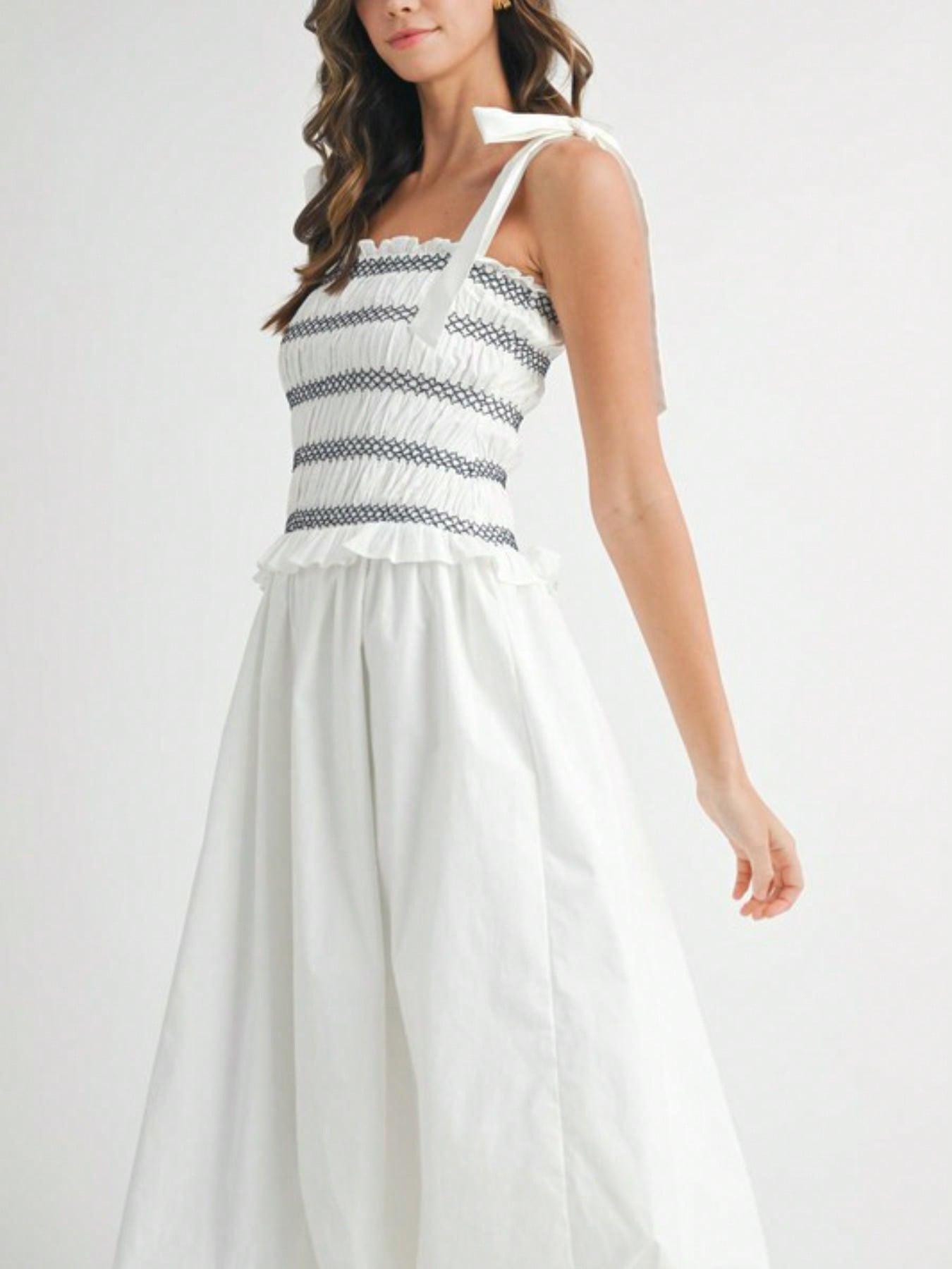 Womens Casual Summer Romantic Chic Smocked Striped Bow Shoulder Midi Dress White Square Neck Sleeveless Flared Skirt Light Airy Beach Vacation Party Sundress