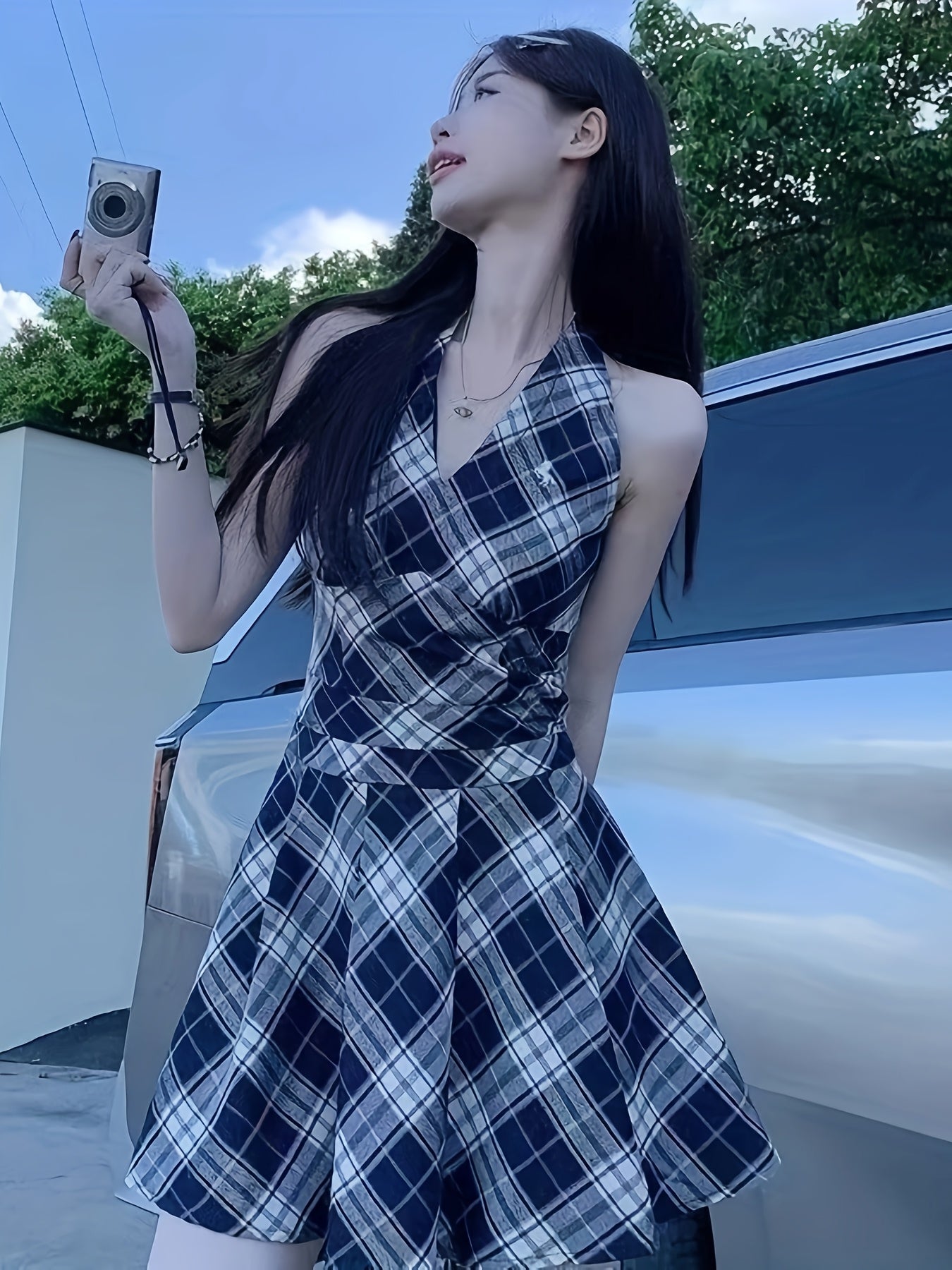 Women'S Elegant Black & White Plaid V-Neck Halter Dress - Sleeveless A-Line Mini with Cinched Waist, Flared Hem, and Tie-Front Detail for Spring Summer Fall, Versatile Fashion, Seasonal Wardrobe Staple, Formfitting Silhouette