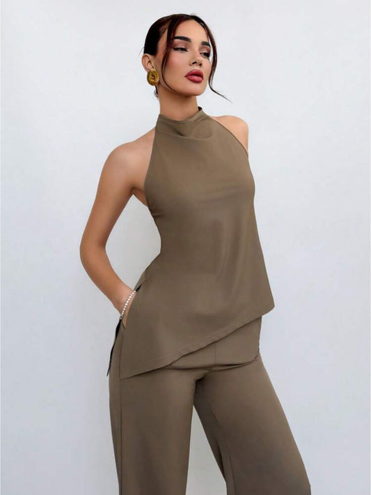 Women's Commuter Two-Piece Set: High-Neck Split Top + Pants