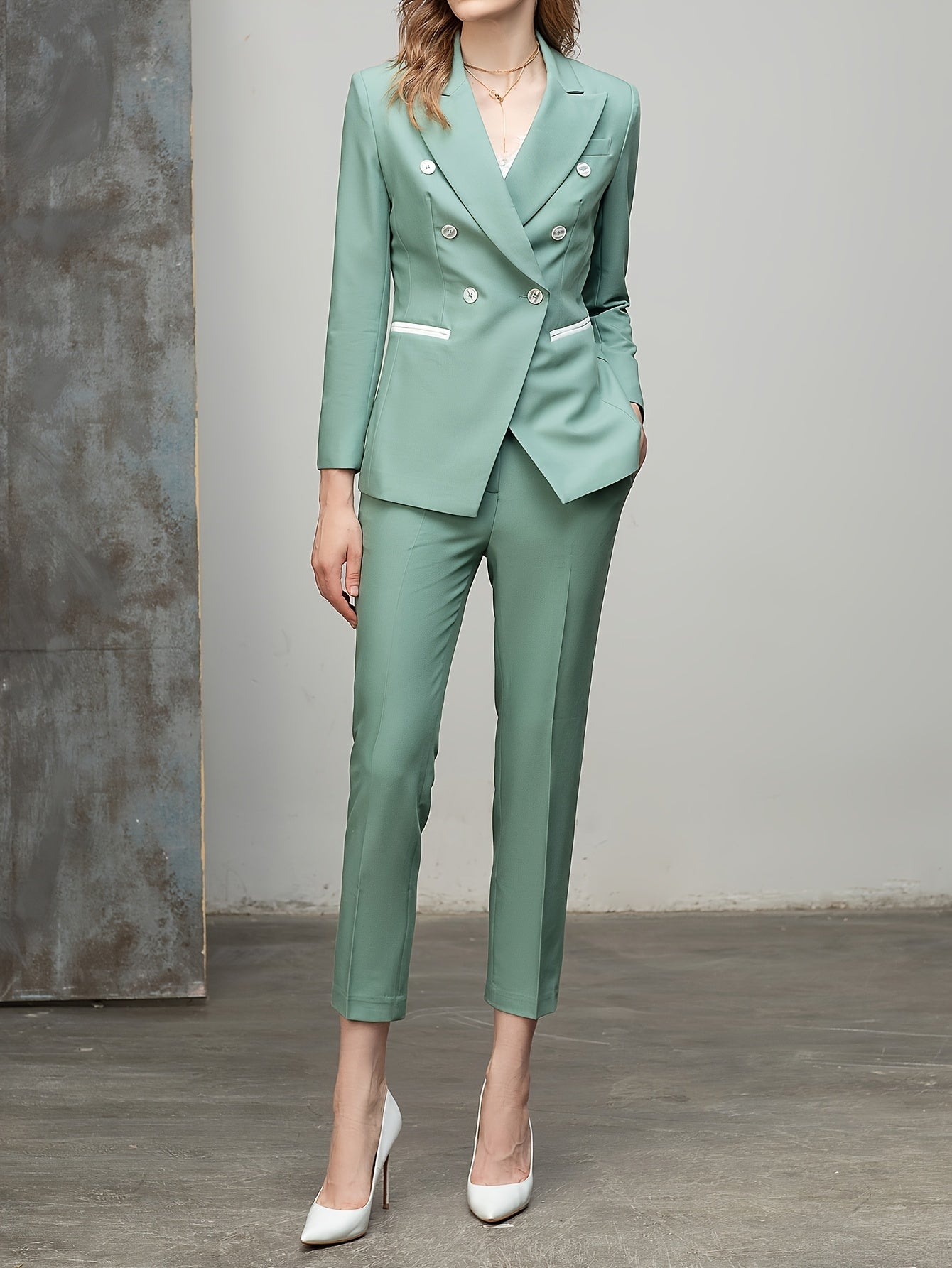 Elegant Chic Polyester Blend Pantsuit for Women, Lapel Double-Breasted Jacket and Trousers Set, Regular Sleeve, Solid Color - Spring\u002FFall Office Wear Ensemble (80% Polyester, 15% Elastane, 5% Viscose, Polyester Lined) - IWY PC10335