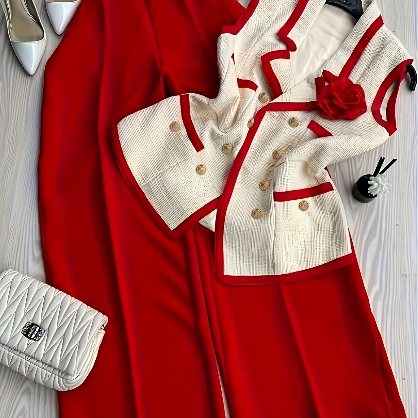 Women'S Stylish Red & Beige Check Blazer & Skirt Set - Perfect for Spring\u002FSummer\u002FFall, Lapel Collar, Solid Color Pattern, Adult Size, Casual Attire|Check Pattern Blazer|Structured Lapel Collar