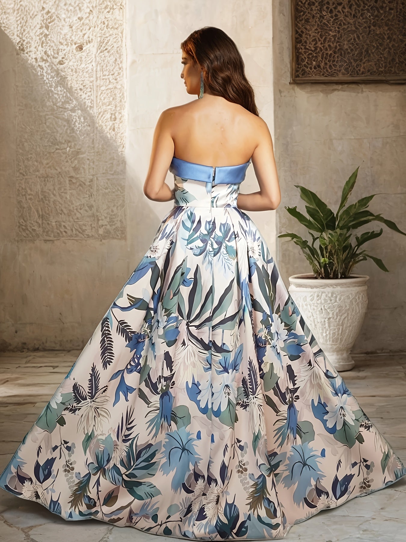 Elegant Off-Shoulder Pleated Tropical Floral Evening Gown - Long Formal Dress with Zipper Back, Blue & White Floral Print, Perfect for Weddings & Parties, Tropical Dress