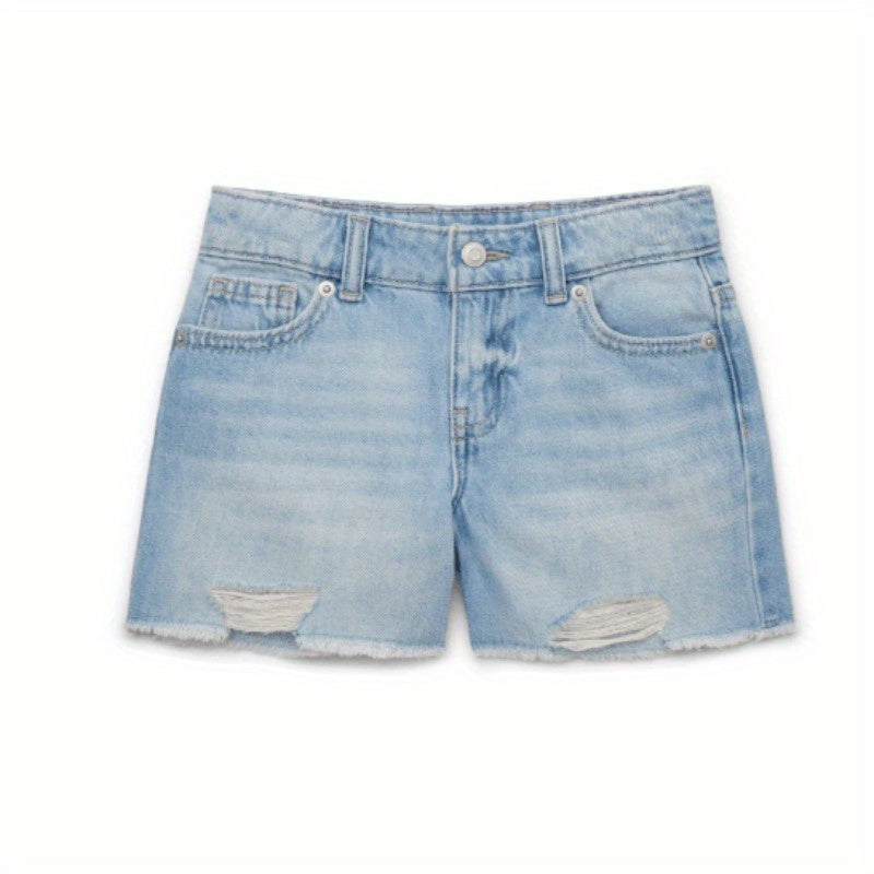 Wonder Nation Tween Girls Cutoff Denim Shorts - Light Blue Distressed Ripped Design, Button Closure, Side Pockets, Casual Summer Style, Perfect for Outdoor Play, Cute Shorts, Playful Design, Comfortable Fit