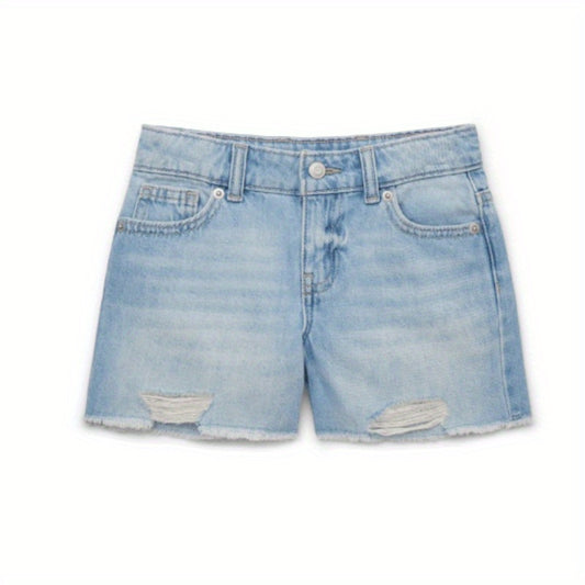 Wonder Nation Tween Girls Cutoff Denim Shorts - Light Blue Distressed Ripped Design, Button Closure, Side Pockets, Casual Summer Style, Perfect for Outdoor Play, Cute Shorts, Playful Design, Comfortable Fit