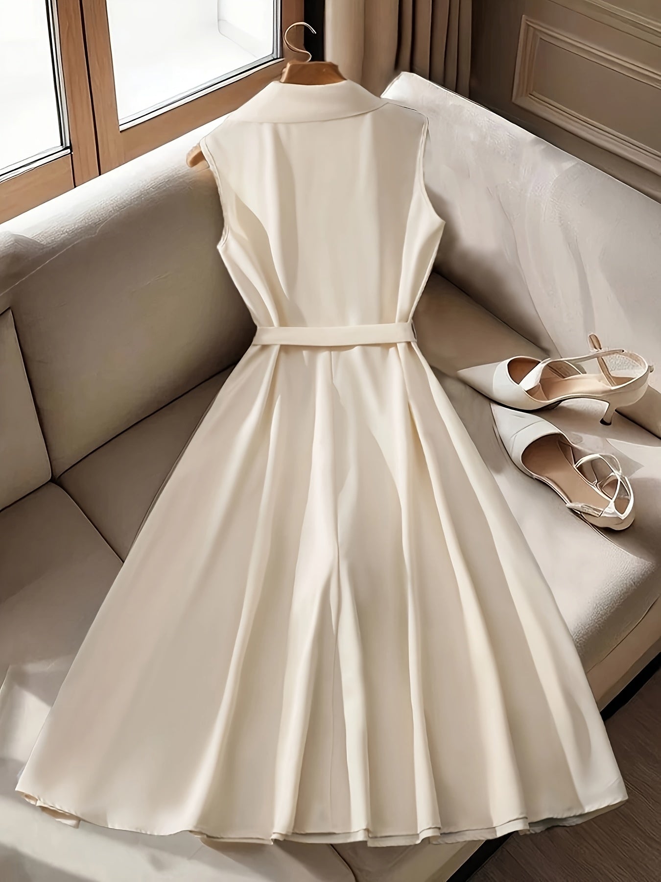 Elegant Sleeveless Midi Dress for Women - Spring\u002FSummer Collection, Button- Front, High-Low Hem, Solid Color, Polyester, Casual Chic Style, Machine Washabl