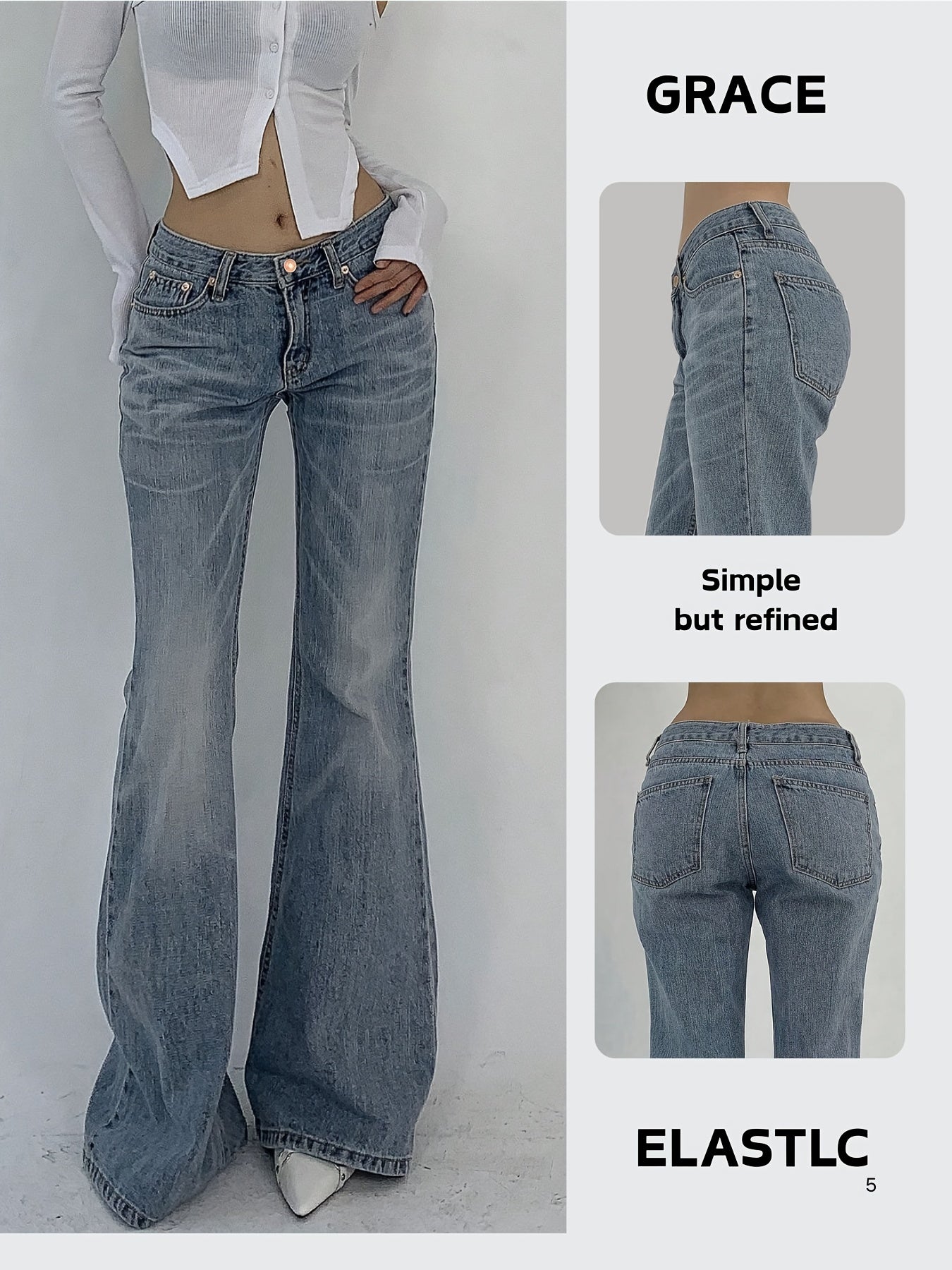 Women'S Elegant Stretch Denim Flare Jeans - Slim Fit Low-Rise Wide-Leg Pants with Pockets, Zipper Closure & Button Detail, Light Blue Washed Finish for Spring Summer Fall Casual & Evening Outfits, Seasonal Fashion, Medium Elasticity
