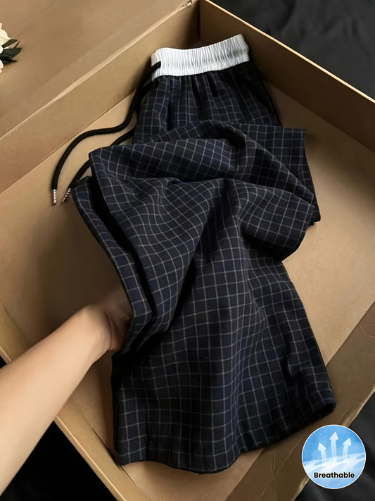 Women'S High-Waisted Straight-Leg Pants with Vintage Color Block Plaid - Loose Fit, Long Length, Casual Summer Trousers with Pockets, Lightweight & Breathable for Casual Attire, High Waisted Leggings