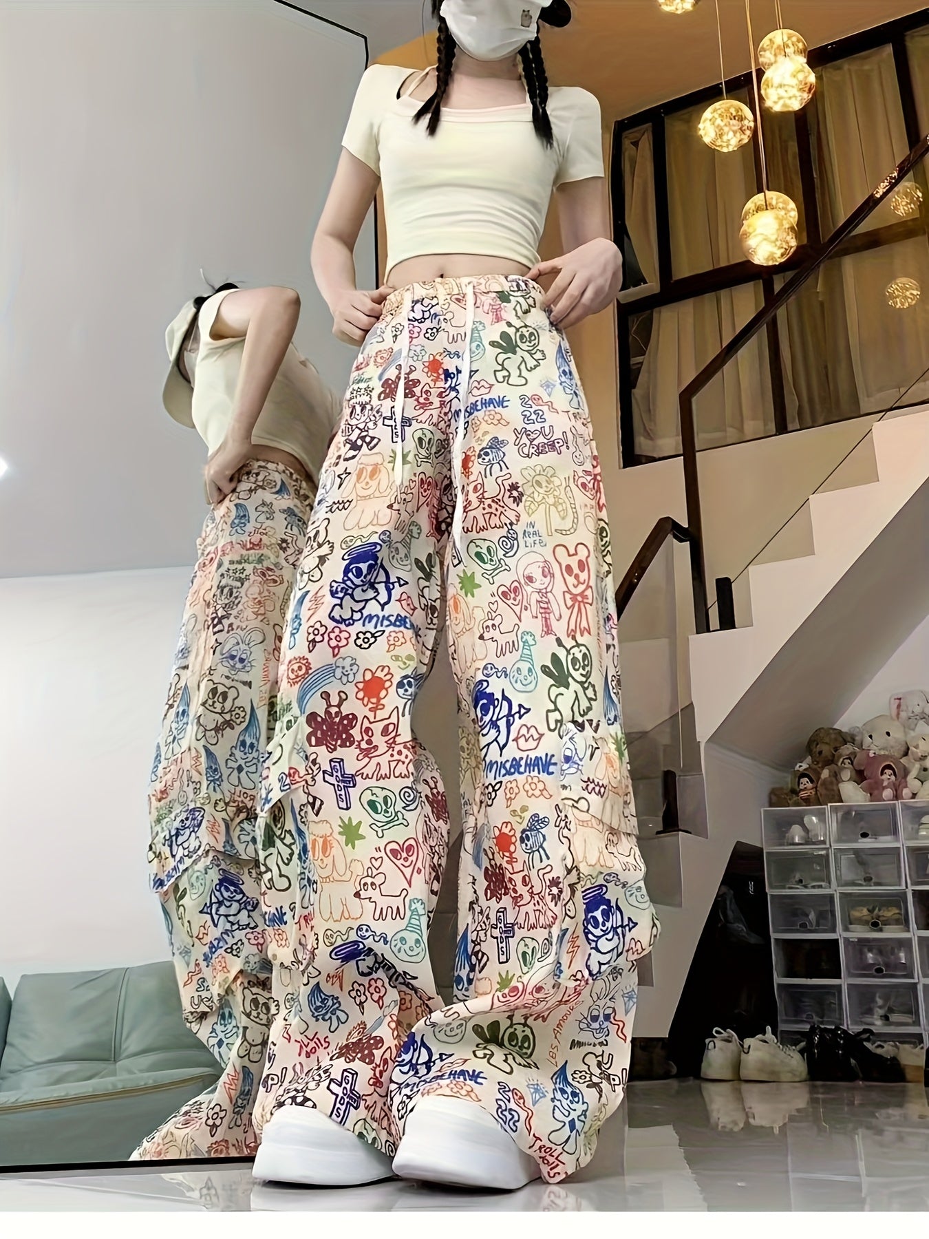 Women'S High-Waisted Wide-Leg Cargo Pants with Vibrant Floral Print, Elastic Waistband & Pockets - Casual Spring\u002FSummer Trousers for Adults, High Waisted Leggings