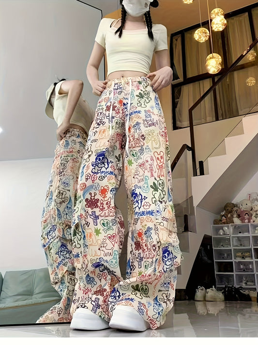 Women'S High-Waisted Wide-Leg Cargo Pants with Vibrant Floral Print, Elastic Waistband & Pockets - Casual Spring\u002FSummer Trousers for Adults, High Waisted Leggings