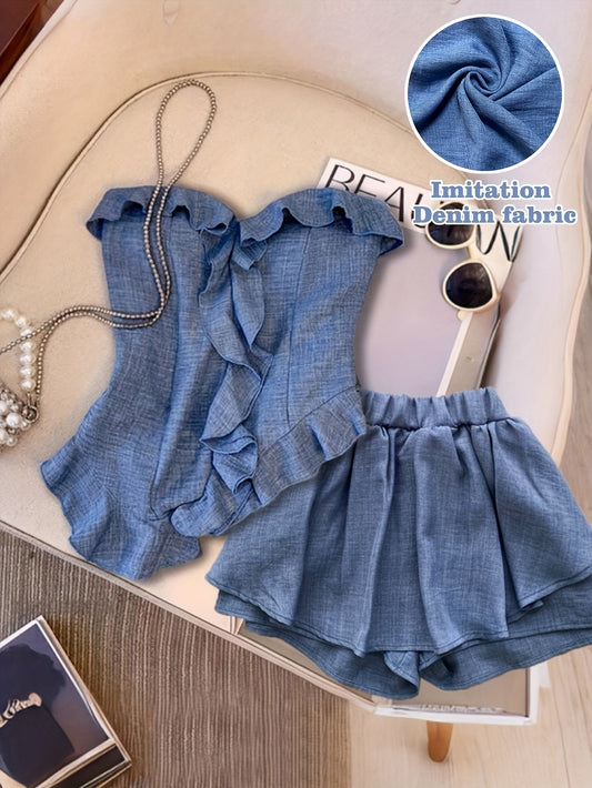 Women's Strapless Asymmetrical Ruffle Top and Pants Set
