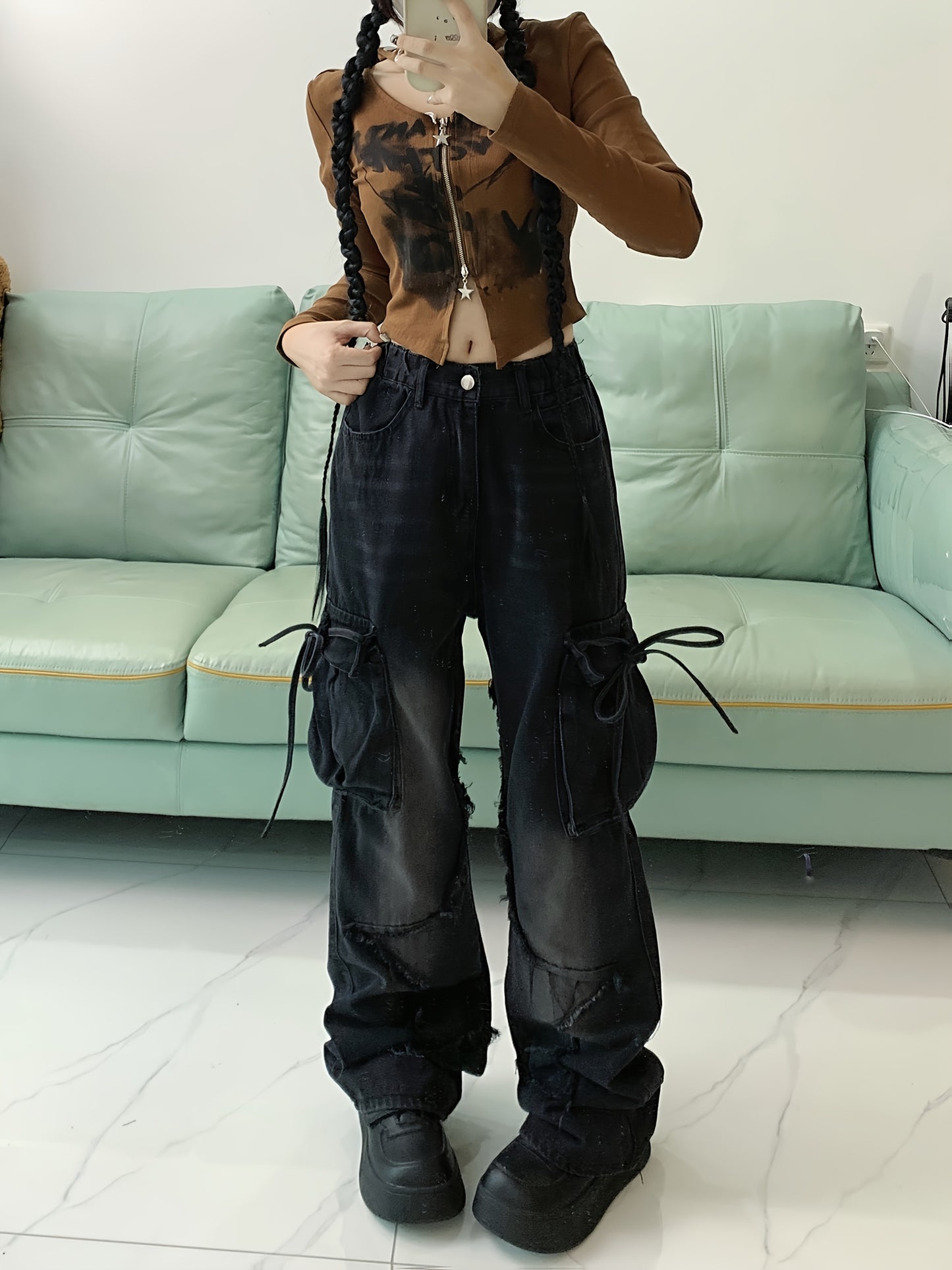 Black Pants Retro Trendy Straps Work Jeans Women&#39;s New High Street Design Loose And Slim Straight Wide-leg Pants