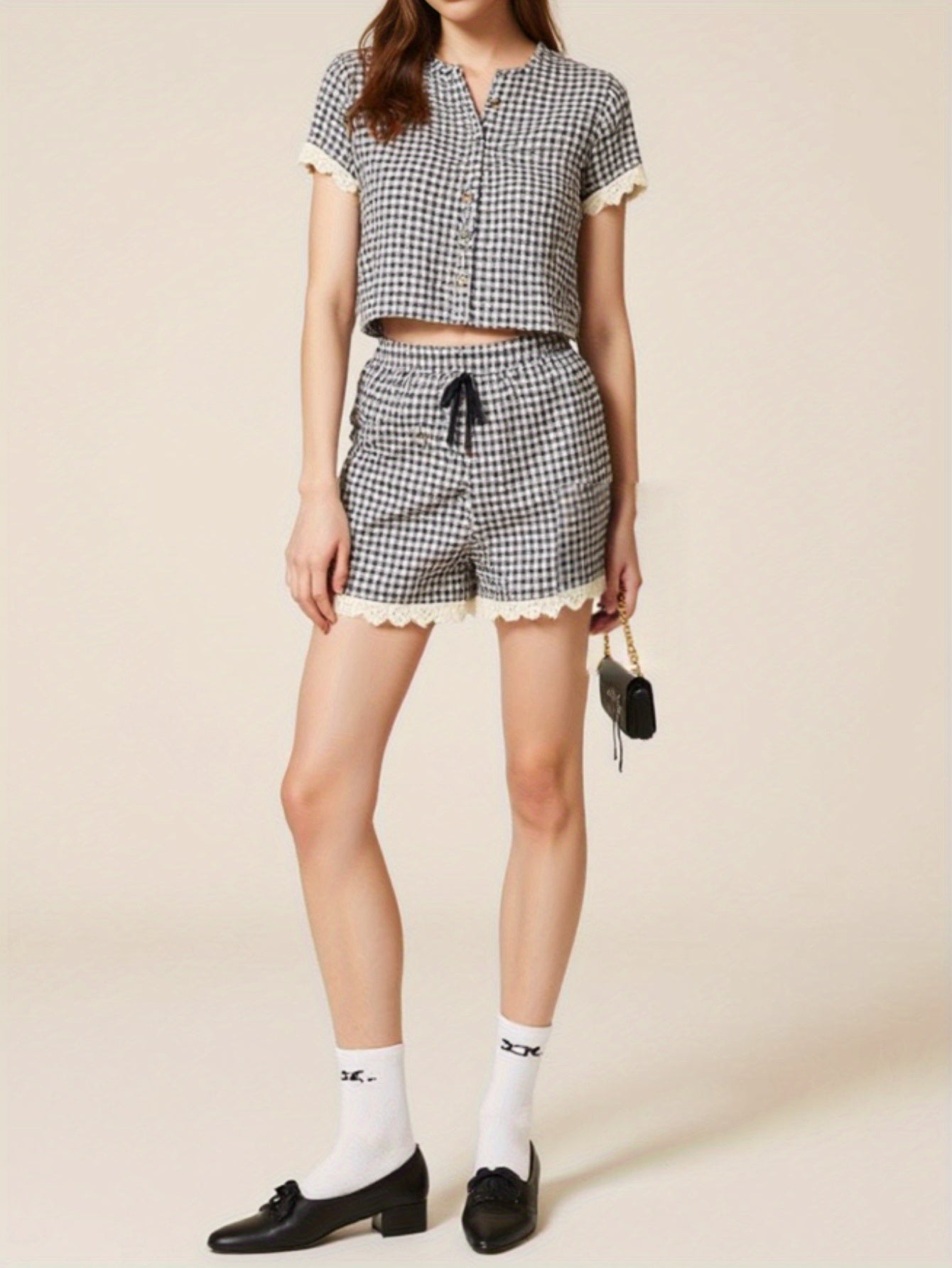 Summer Women's Commuting Checkered Set, Plaid - Lace Set for Light Office & Shopping