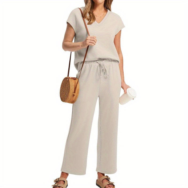 Summer Outfits for Women Featuring Two-Piece Sets, Including V-Neck Tops And Wide-Leg Pants, Perfect for Vacation And Travel.