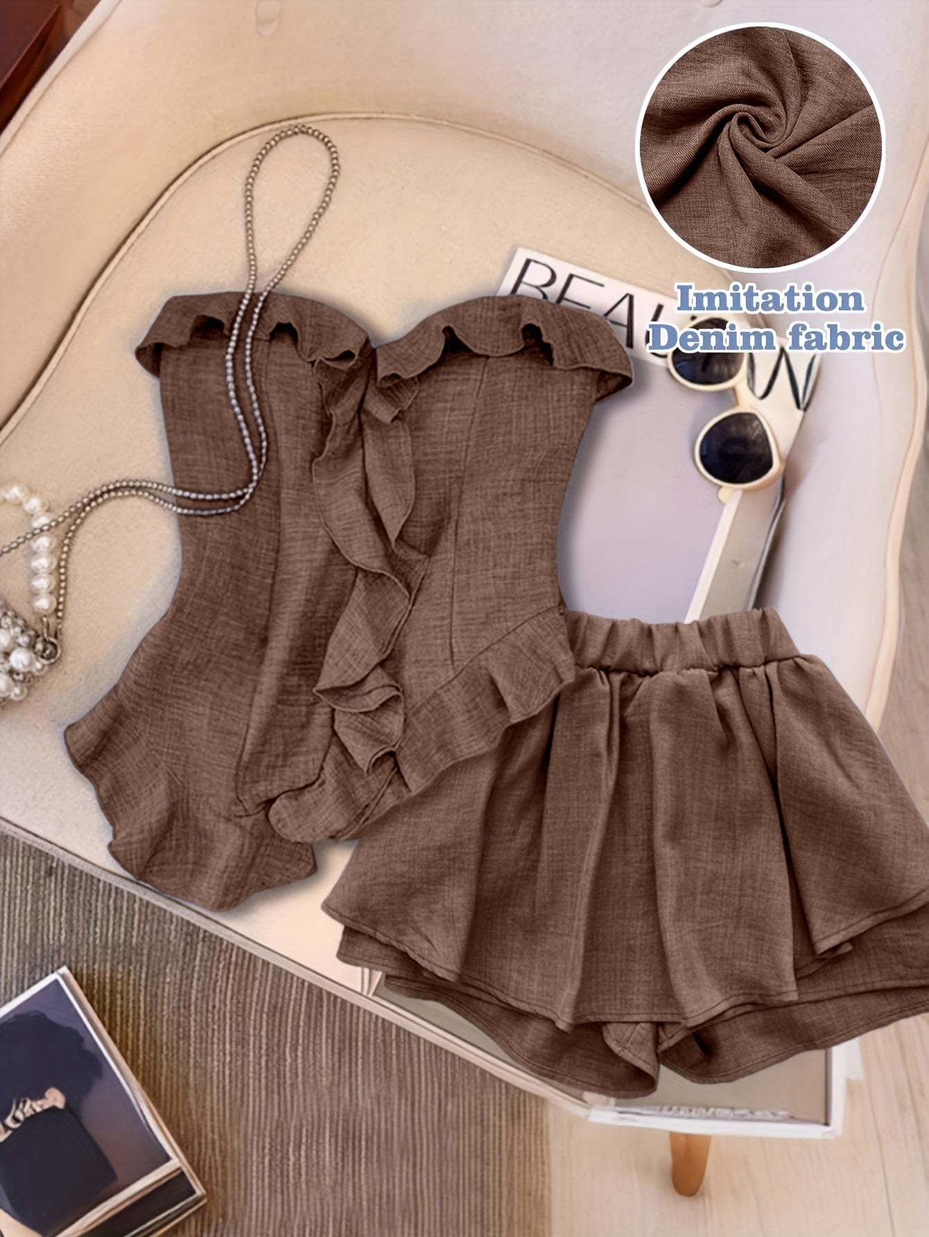 Women's Strapless Asymmetrical Ruffle Top and Pants Set