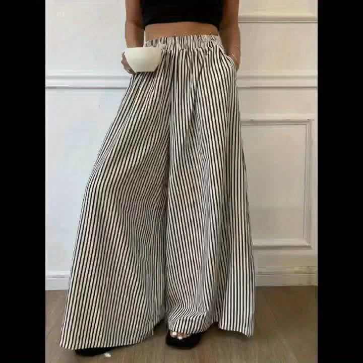 Women'S Striped Casual Wide-Leg Pants with Elastic Waist - Black and White Stripes, Flowing Design for All Seasons, Perfect for Casual Attire