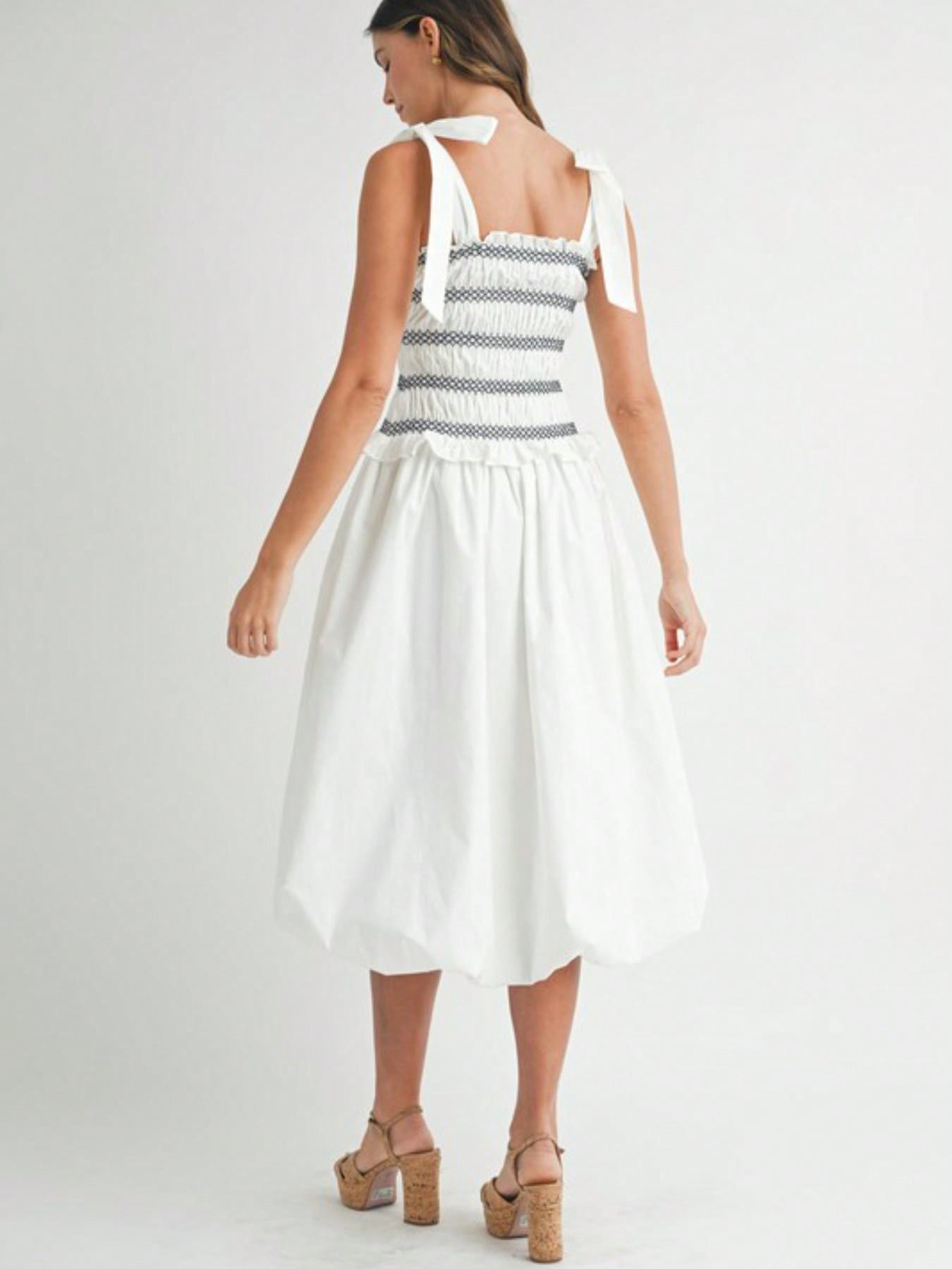Womens Casual Summer Romantic Chic Smocked Striped Bow Shoulder Midi Dress White Square Neck Sleeveless Flared Skirt Light Airy Beach Vacation Party Sundress