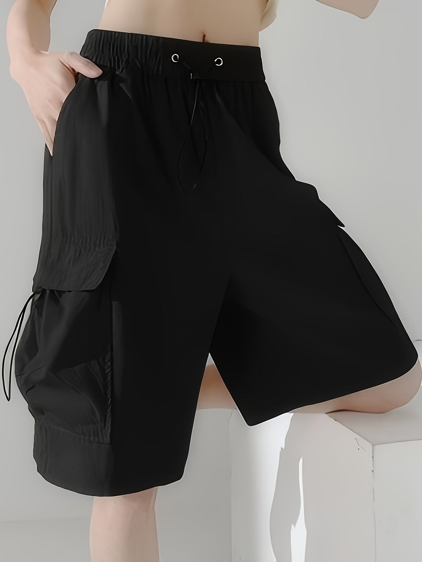 Women'S Casual Cargo Shorts with Adjustable Drawstring Waist - Black, Multiple Pockets, Elastic Waistband, Perfect for Outdoor or Work, Summer Style, Work Shorts | Relaxed Fit Shorts | Functional Pockets