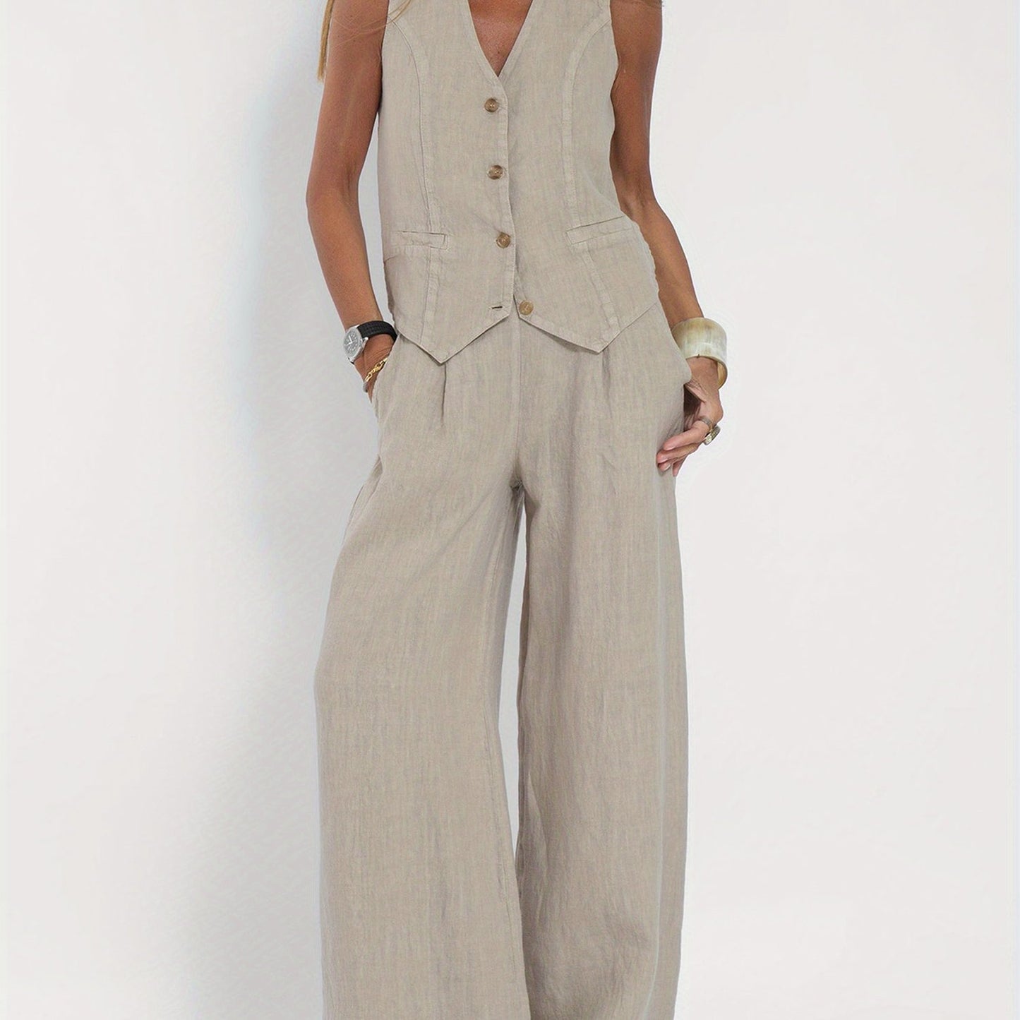 Women 2pcs Outfits Solid Color Button Tank Tops And Wide Leg Pants Set Streetwear Aesthetic Clothes