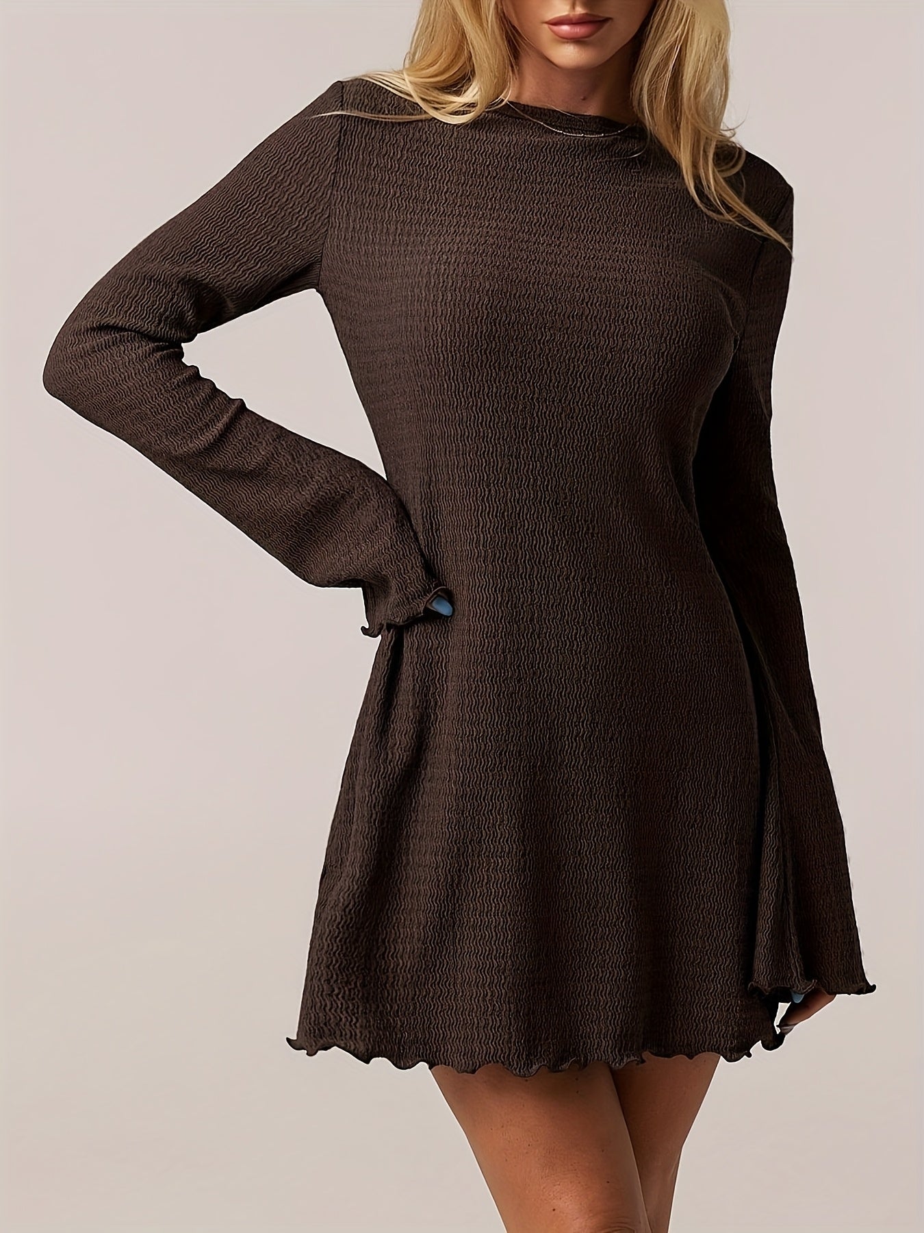 Women's Elegant Boat Neck Flared Sleeve Dress - A-Line Short Ruffled Hem, Medium Stretch Solid Color Machine Washable Spring\u002FFall Casual to Semi-Formal Wear, Spring Autumn Attire, Textured Fabric