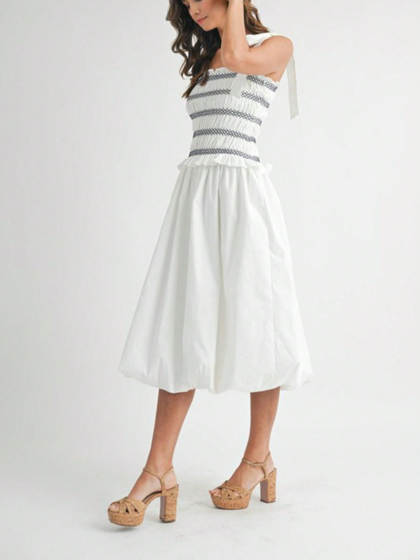 Womens Casual Summer Romantic Chic Smocked Striped Bow Shoulder Midi Dress White Square Neck Sleeveless Flared Skirt Light Airy Beach Vacation Party Sundress