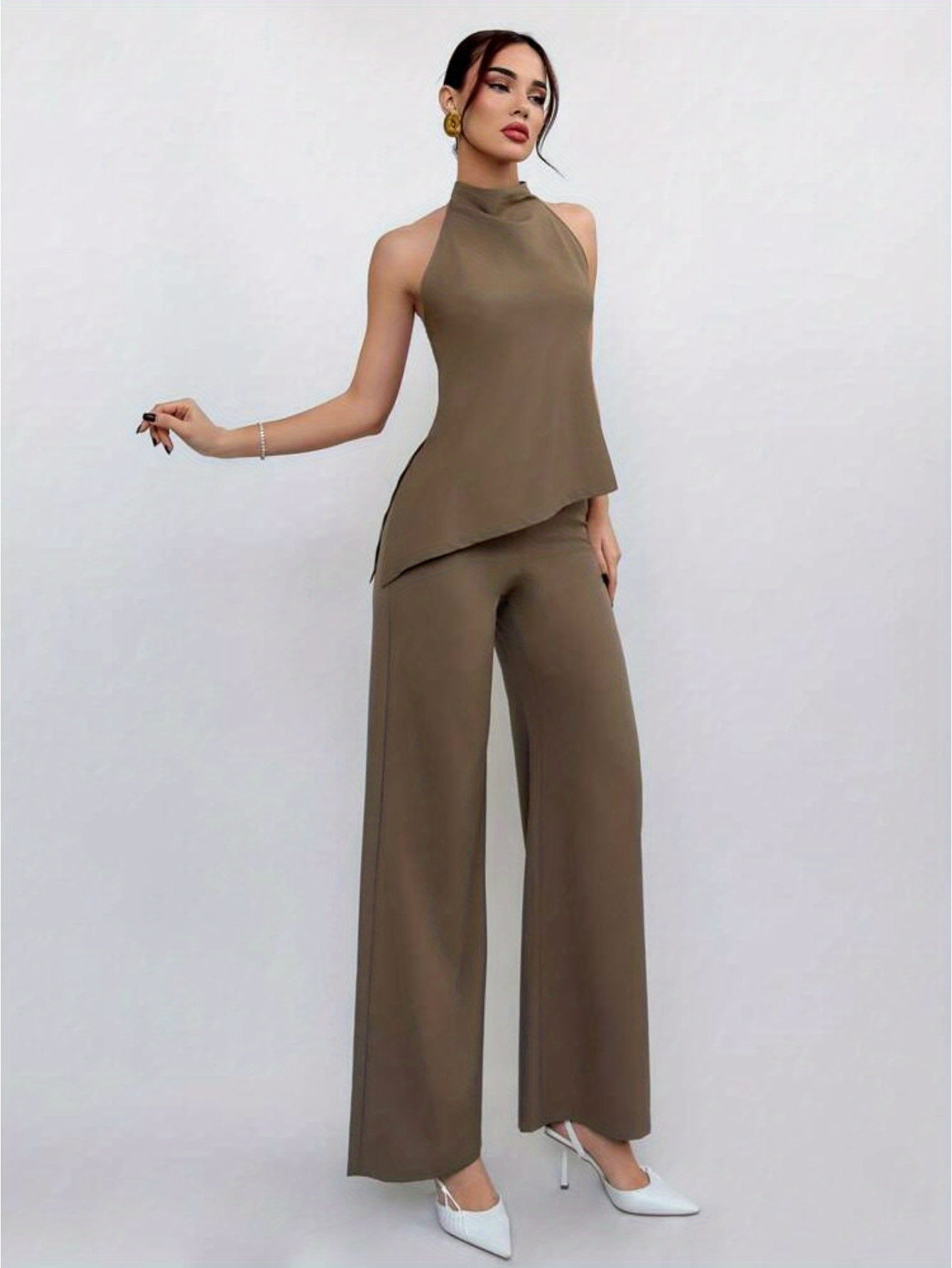 Women's Commuter Two-Piece Set: High-Neck Split Top + Pants
