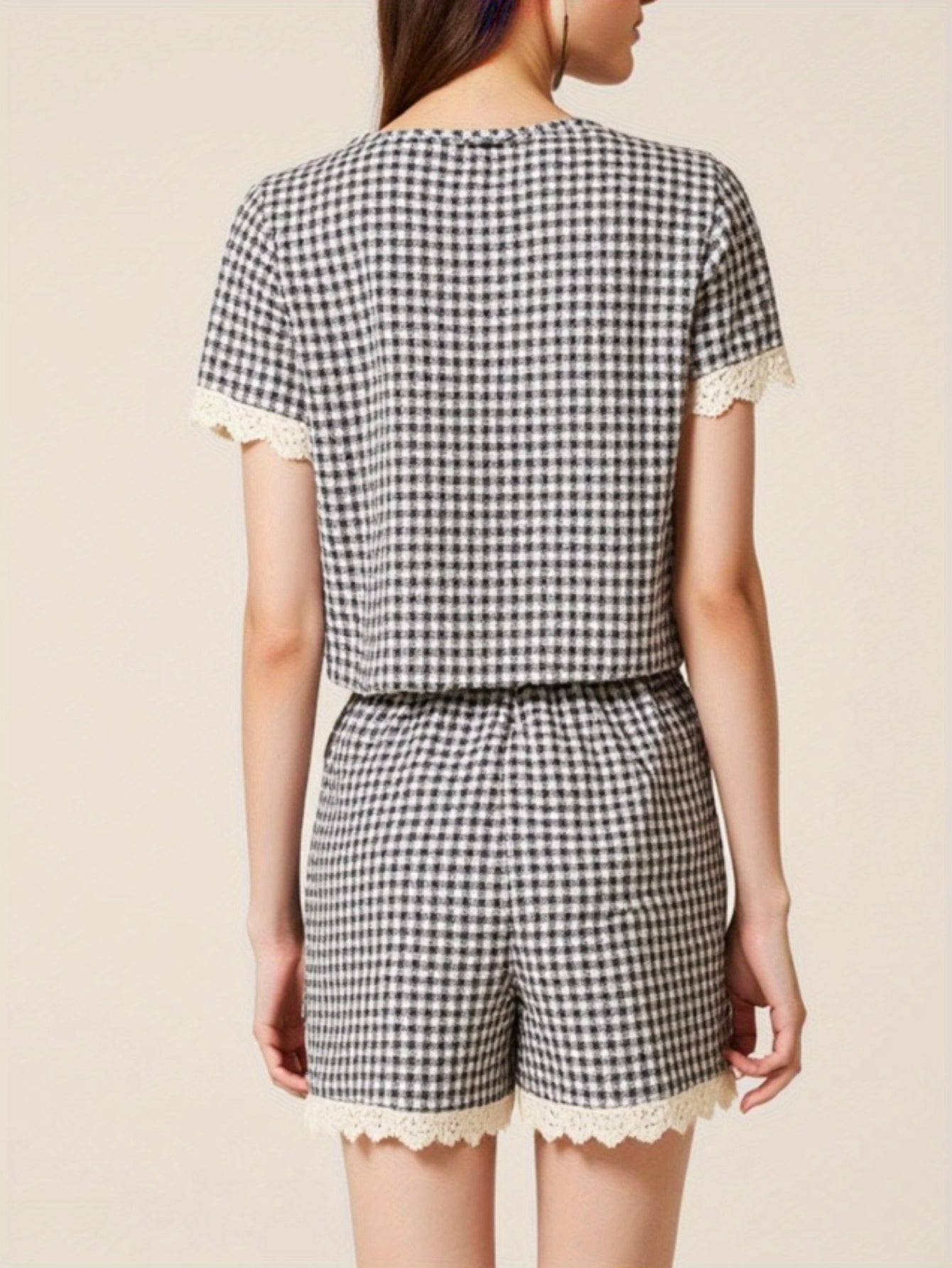 Summer Women's Commuting Checkered Set, Plaid - Lace Set for Light Office & Shopping