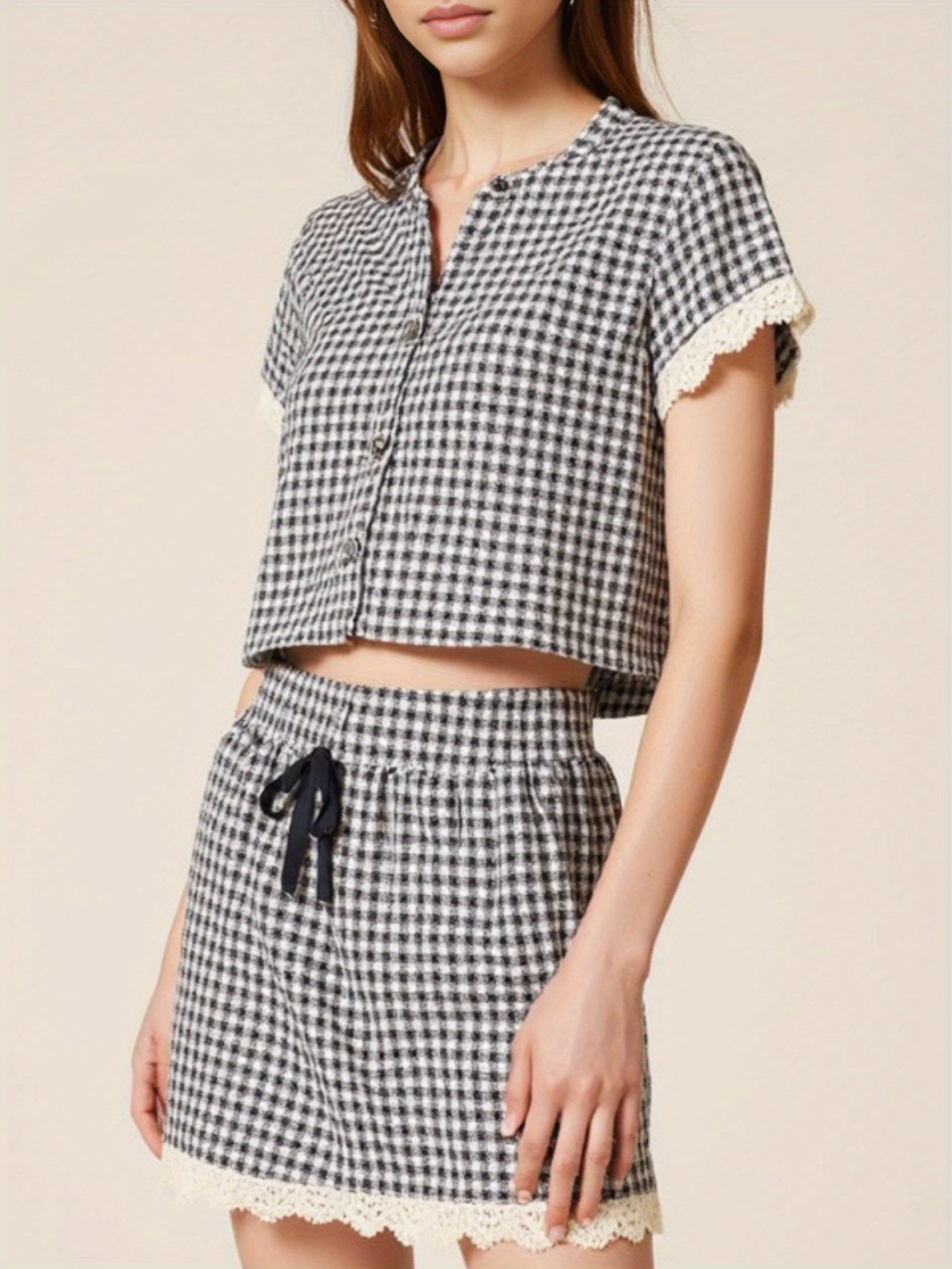 Summer Women's Commuting Checkered Set, Plaid - Lace Set for Light Office & Shopping