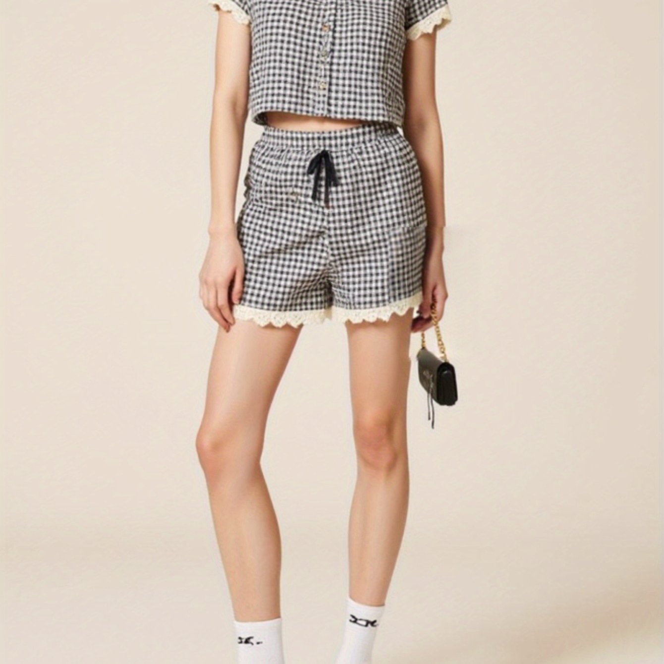 Summer Women's Commuting Checkered Set, Plaid - Lace Set for Light Office & Shopping