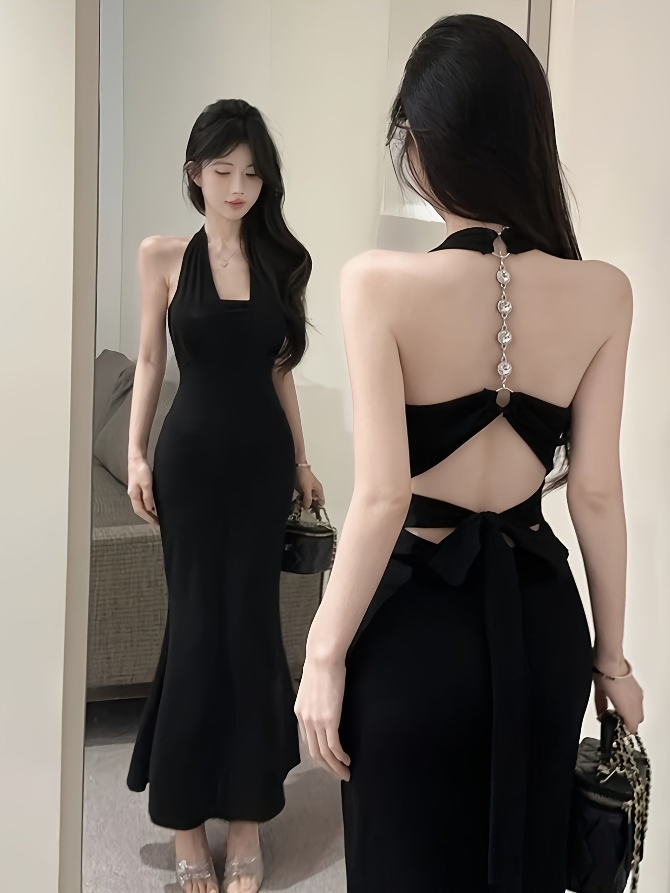 A Black Designer Chain Neck Strap Backless Dress for Women, Featuring a Sexy, Fitted Silhouette with a Mermaid Hem And Built-In Padding, Perfect for Summer.