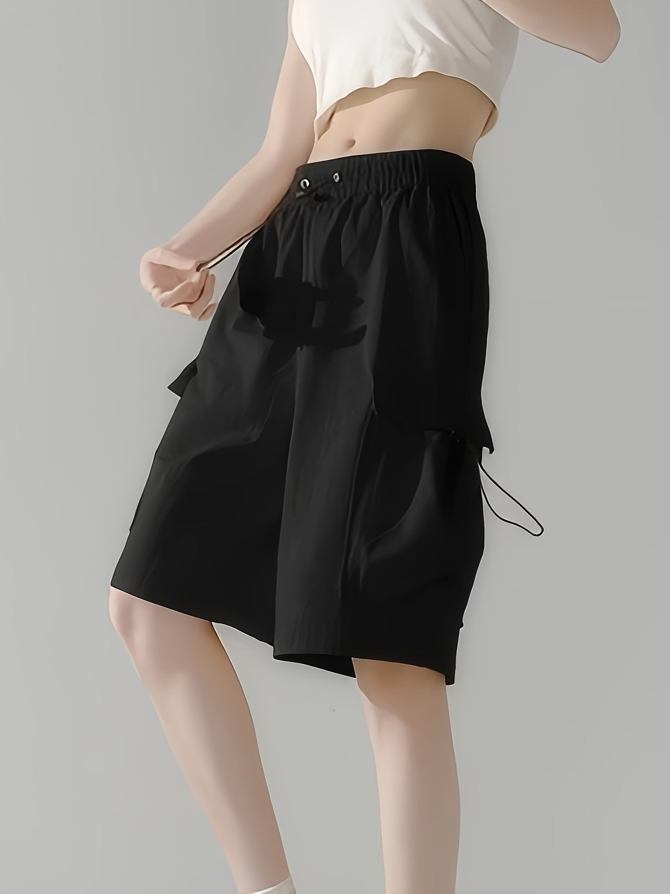 Women'S Casual Cargo Shorts with Adjustable Drawstring Waist - Black, Multiple Pockets, Elastic Waistband, Perfect for Outdoor or Work, Summer Style, Work Shorts | Relaxed Fit Shorts | Functional Pockets