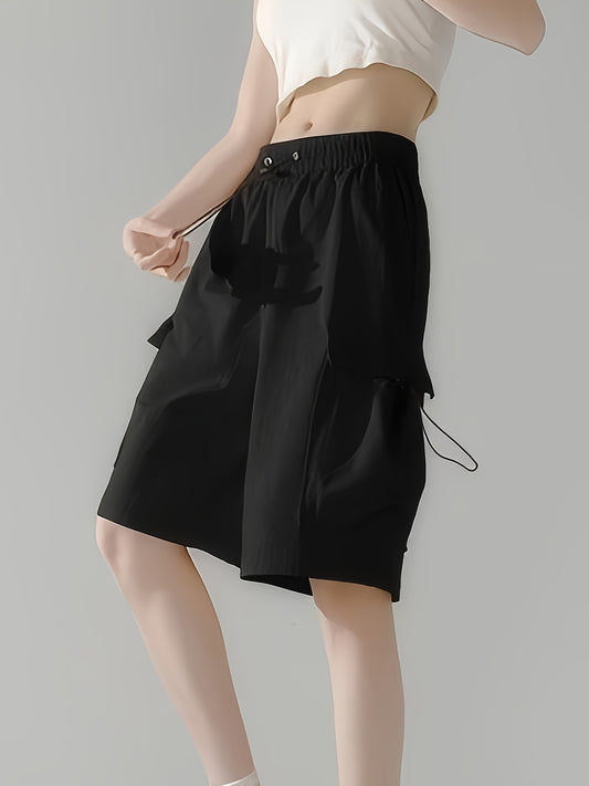 Women'S Casual Cargo Shorts with Adjustable Drawstring Waist - Black, Multiple Pockets, Elastic Waistband, Perfect for Outdoor or Work, Summer Style, Work Shorts | Relaxed Fit Shorts | Functional Pockets