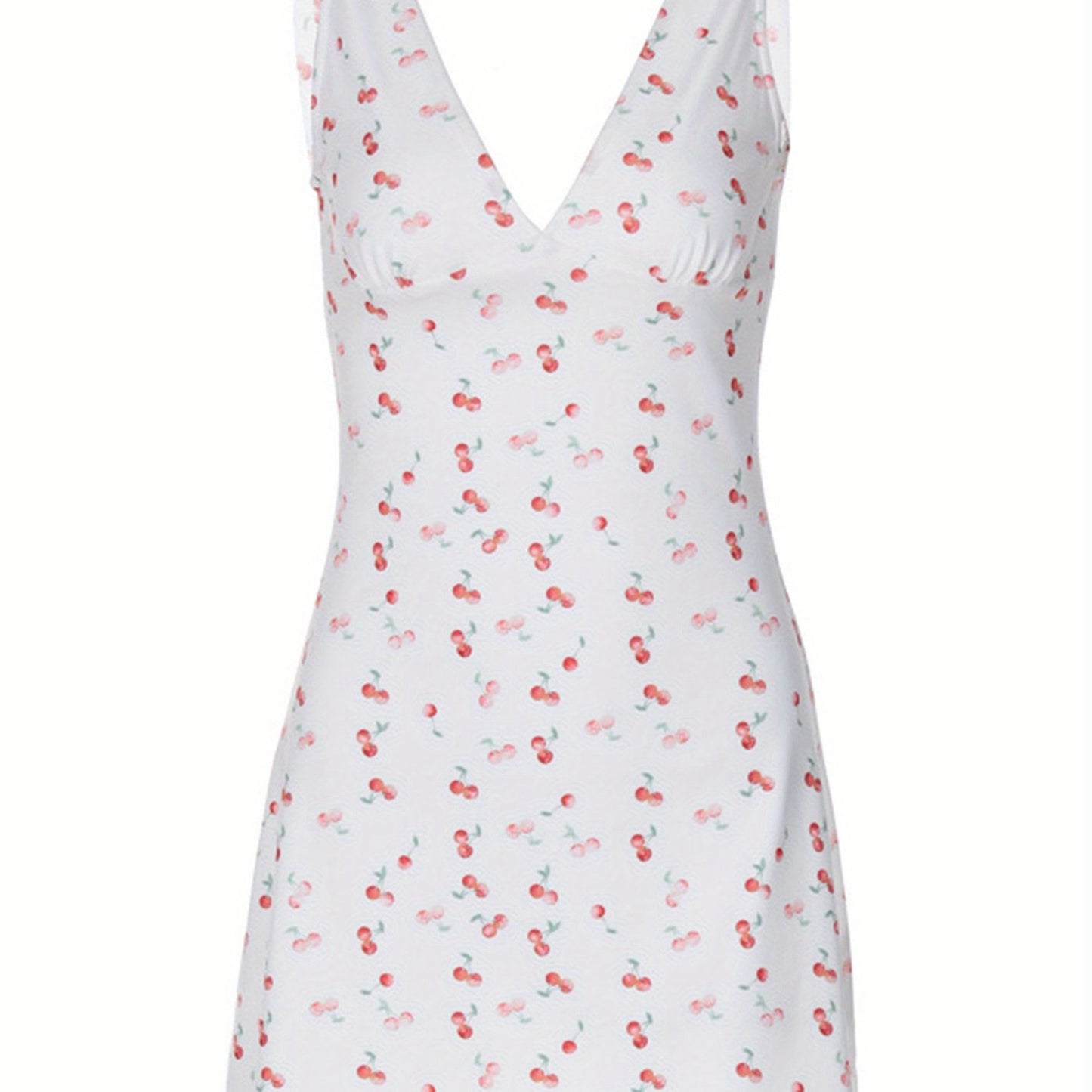 Women Mini Dress Cherry Print Deep V-Neck Sleeveless Dress Summer Casual A-line Dress