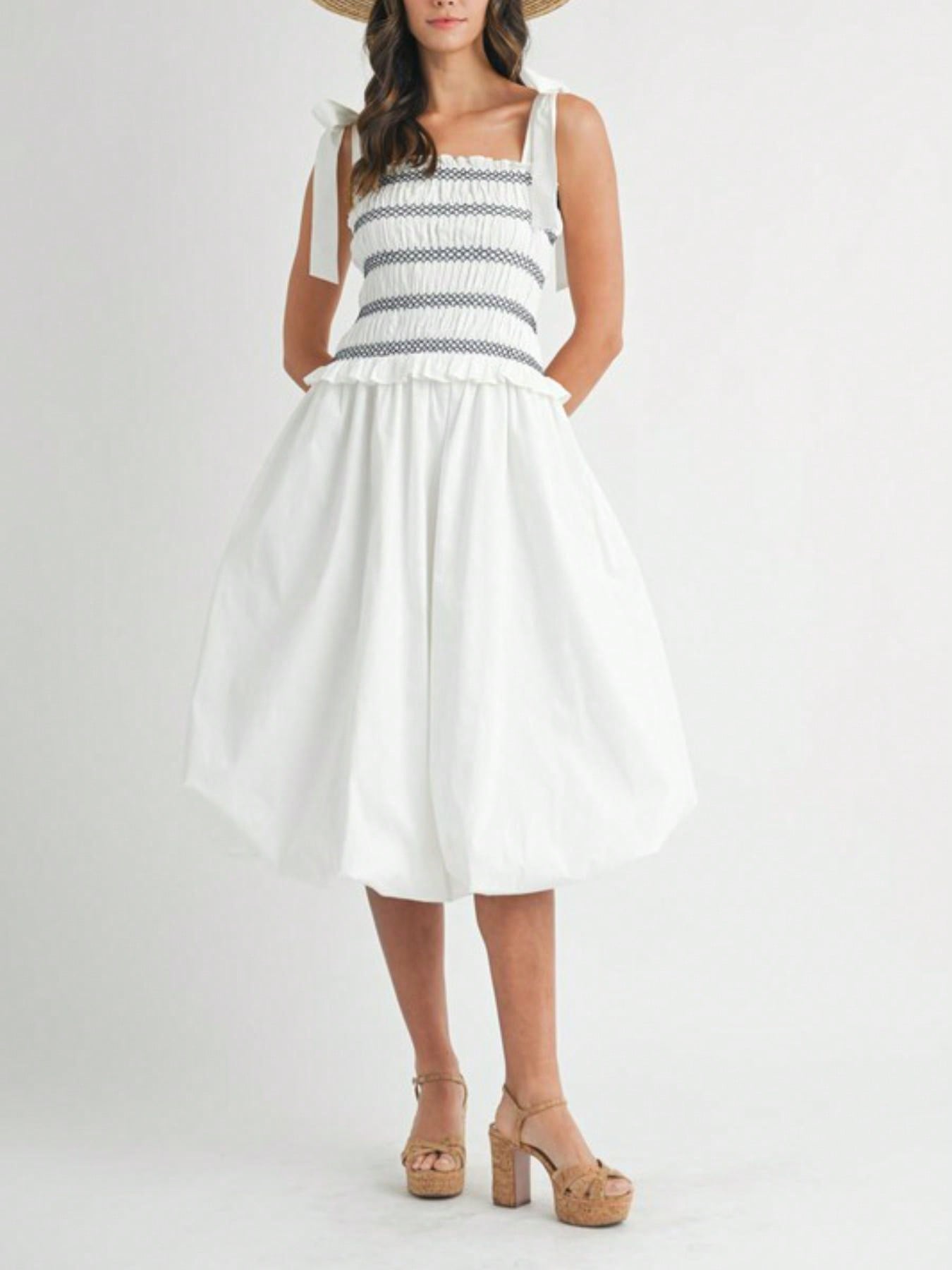 Womens Casual Summer Romantic Chic Smocked Striped Bow Shoulder Midi Dress White Square Neck Sleeveless Flared Skirt Light Airy Beach Vacation Party Sundress
